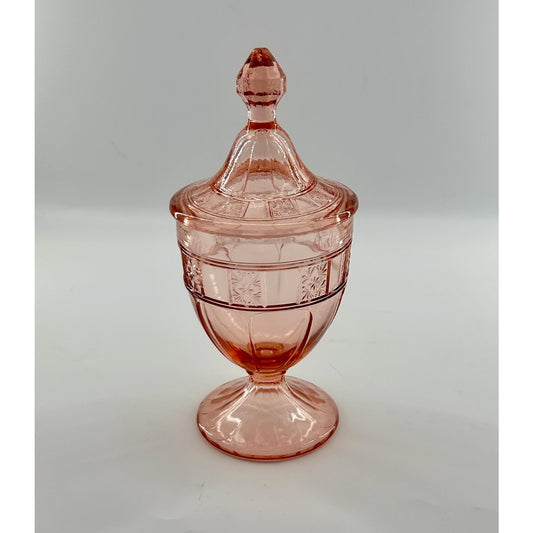 Vintage Pink Depression Glass Doric & Pansy Covered Candy Dish Jeannette Glass Pedestal Candy Jar Vintage 1930s Shabby Chic Decor