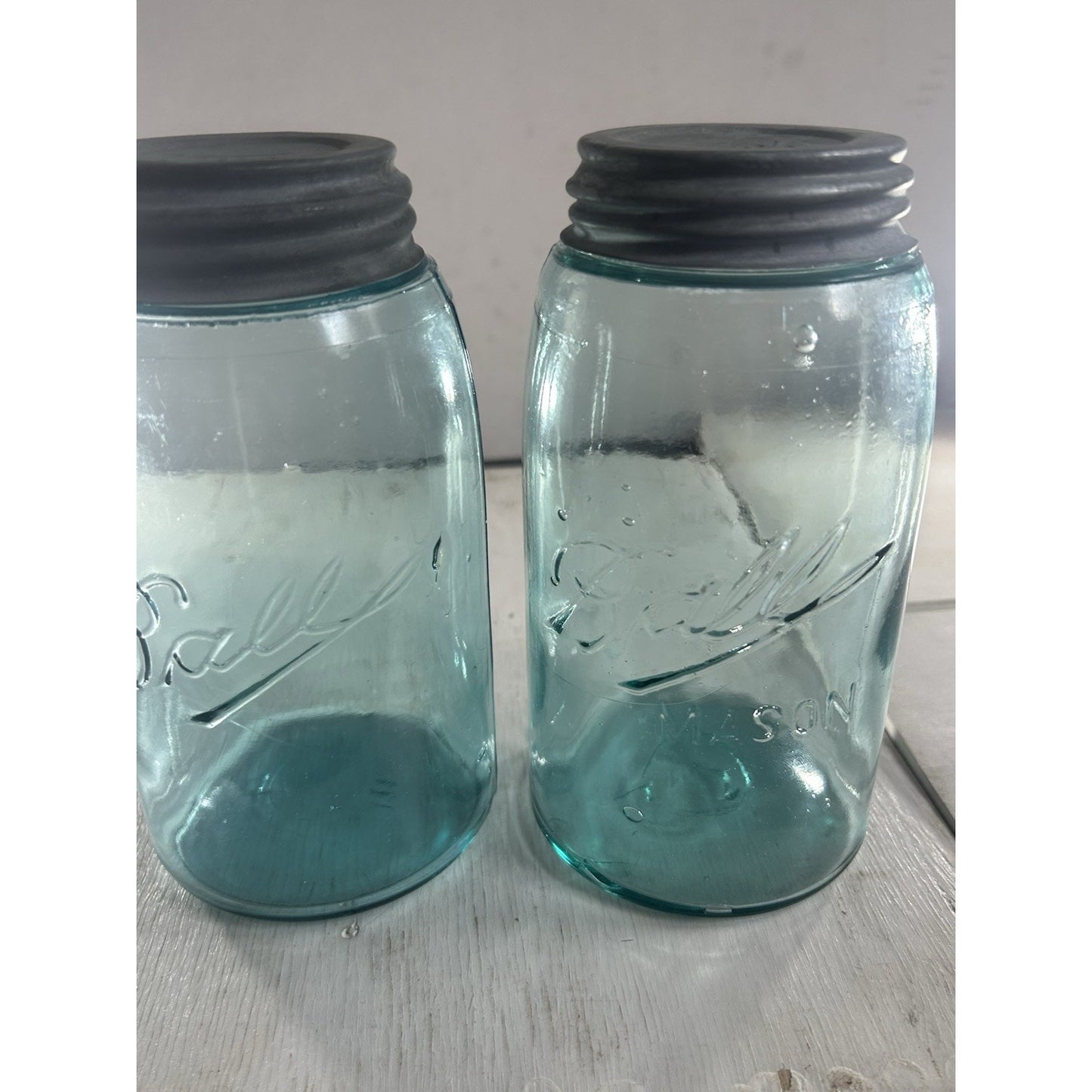 2 1920’s Vintage Ball Mason Jars – Triple L Logo – Quart – Aqua Blue – Zinc Lids