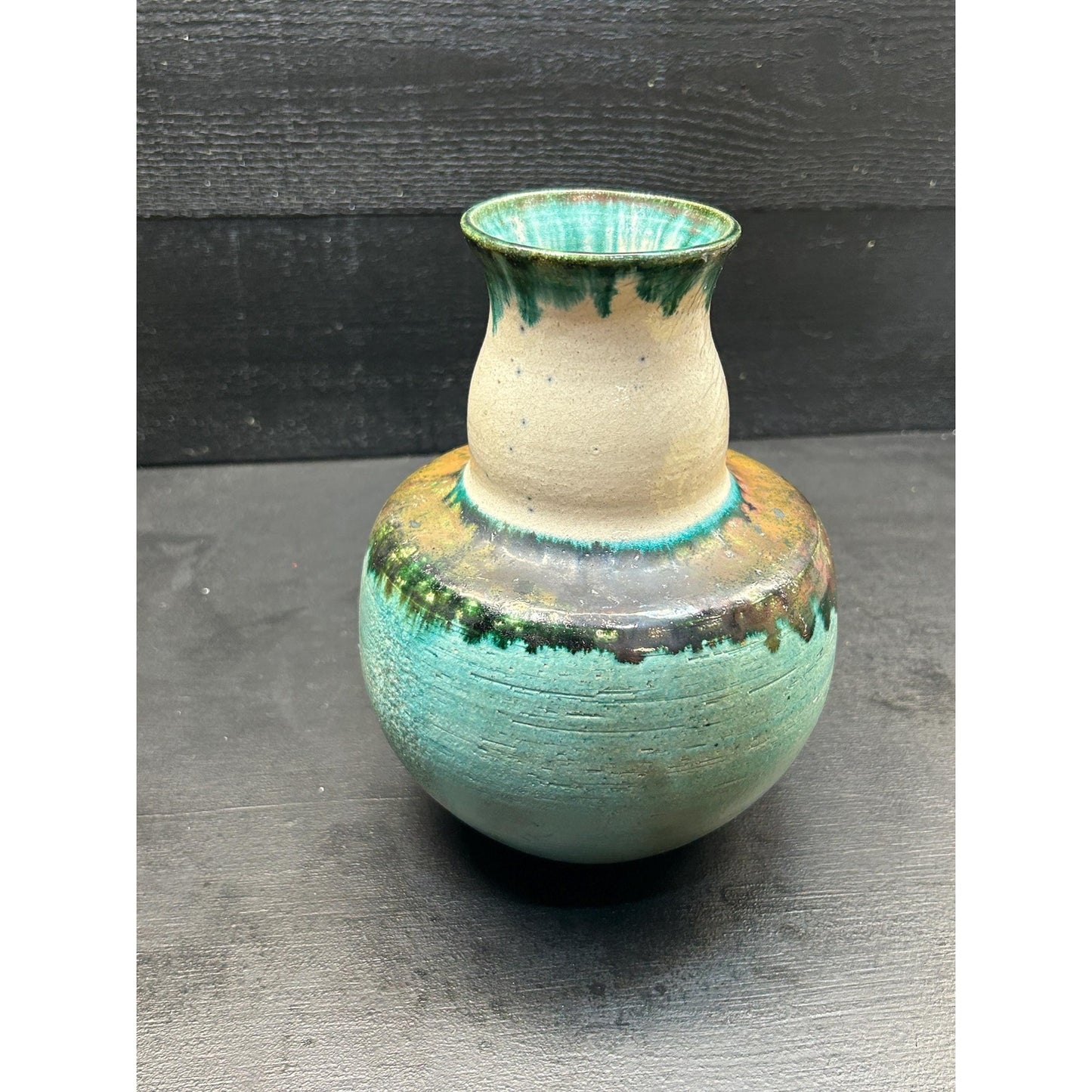 Ernest E. Mitchell Studio Pottery Vase 1994 • Signed Hand Thrown Ceramic • Turquoise Green Drip Glaze • Art Pottery Home Decor. Folk Art