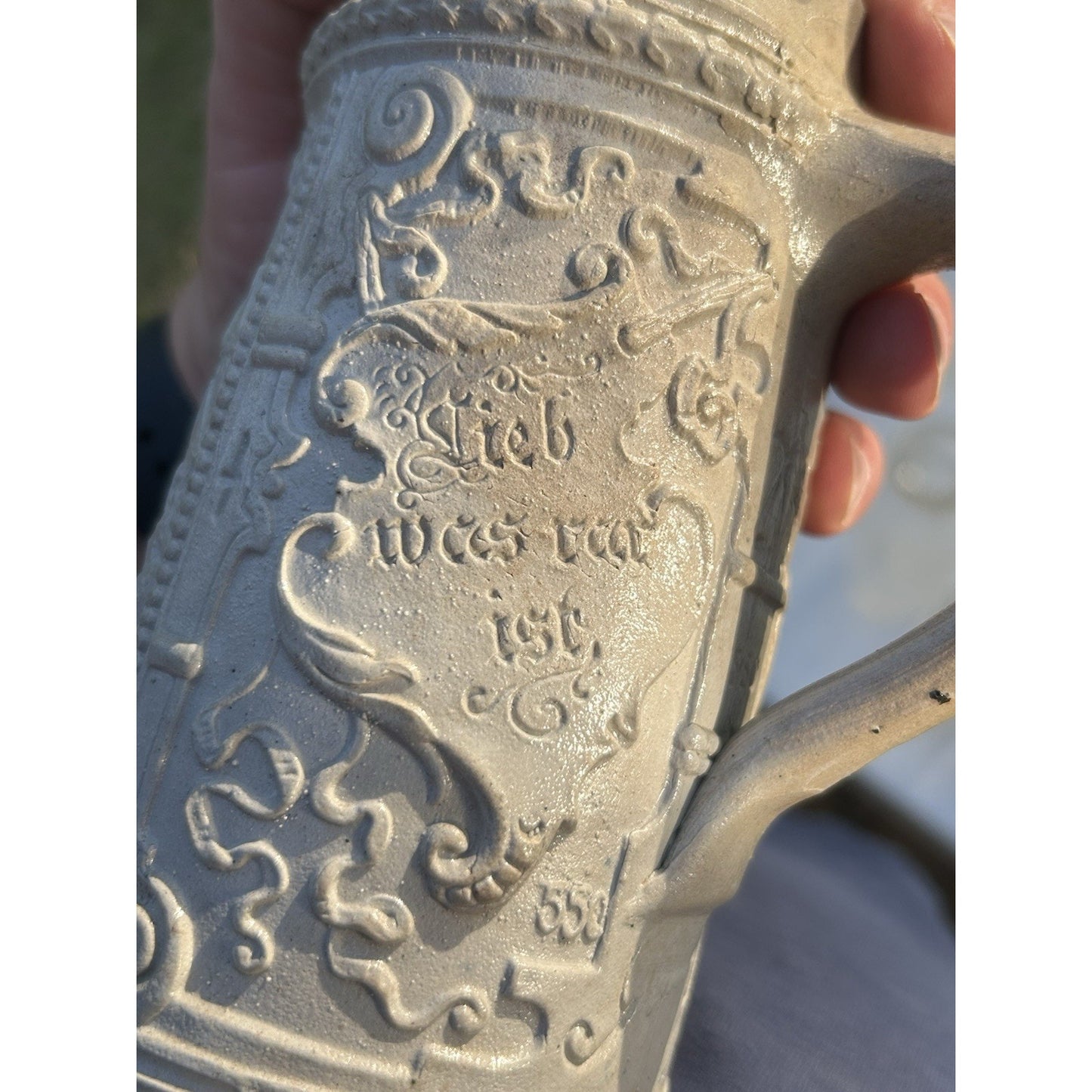 Antique German beer stein salt glaze full profile display