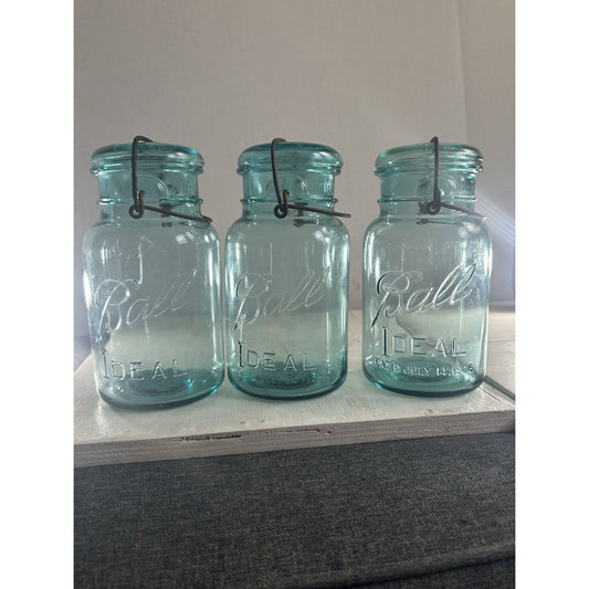 Lot of 3 Ball Ideal Blue Wire Bail Mason Jars Pat’d 1908 Vintage Quart Set. RARE