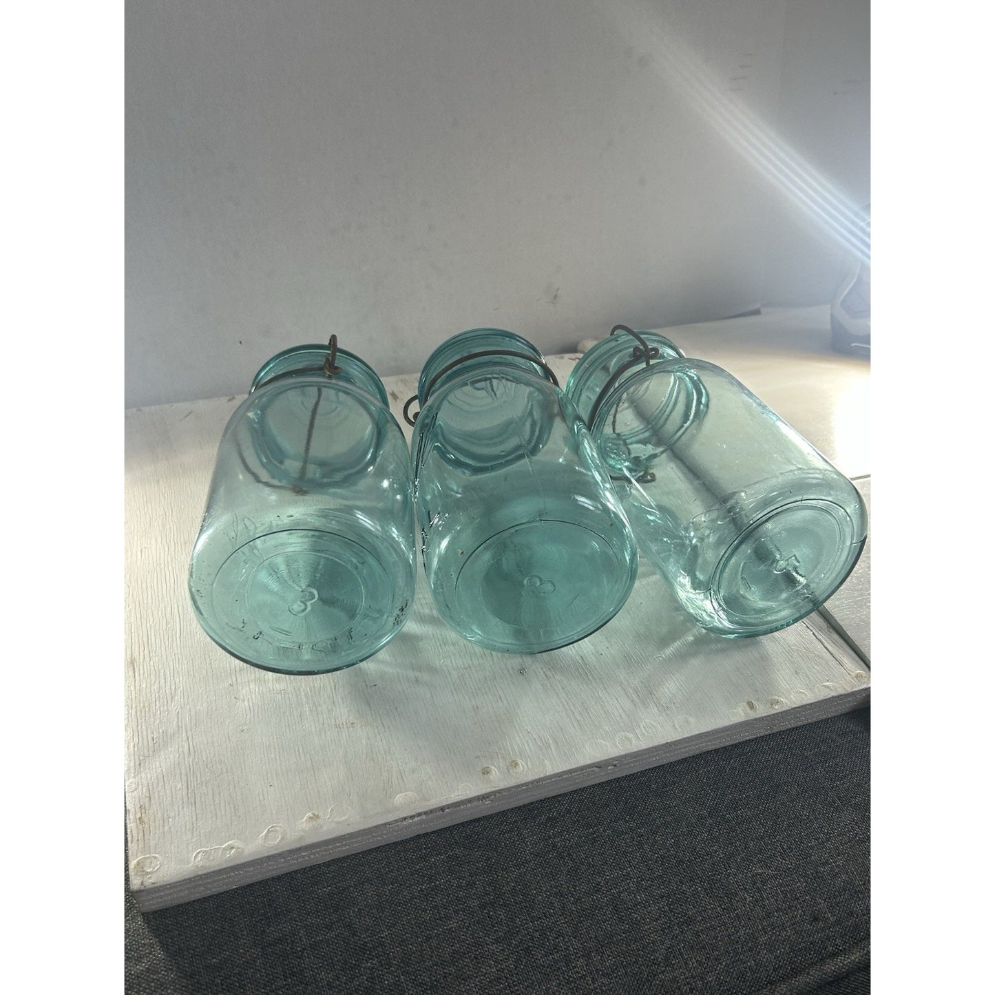 Lot of 3 Ball Ideal Blue Wire Bail Mason Jars Pat’d 1908 Vintage Quart Set. RARE