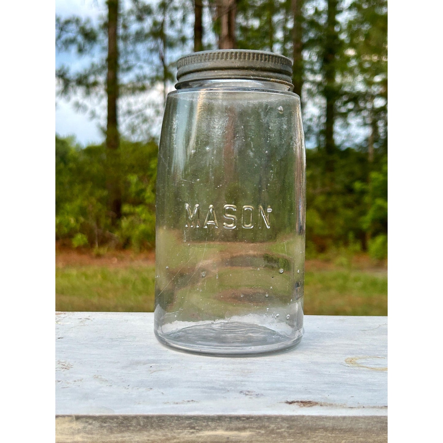 Vintage Mason Quart Fruit Jar Straight Line Clear Glass w/ Ball No. 10 Glass Lid. Gorgeous crisp embossing . With glass bubbles