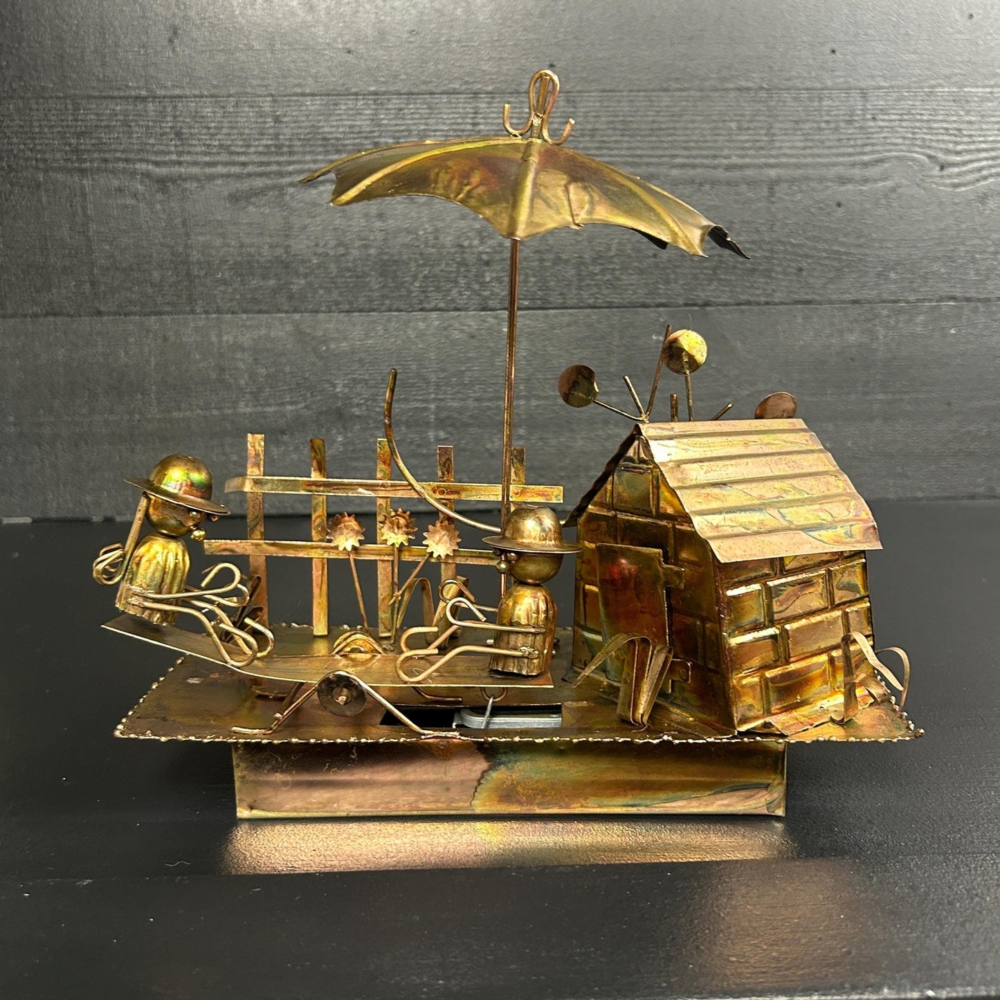 Vintage Berkeley Designs Brass Kinetic Music Box • Working TOYO Movement • Moving Figures Garden Scene • “It’s a Small World” Sculpture rare