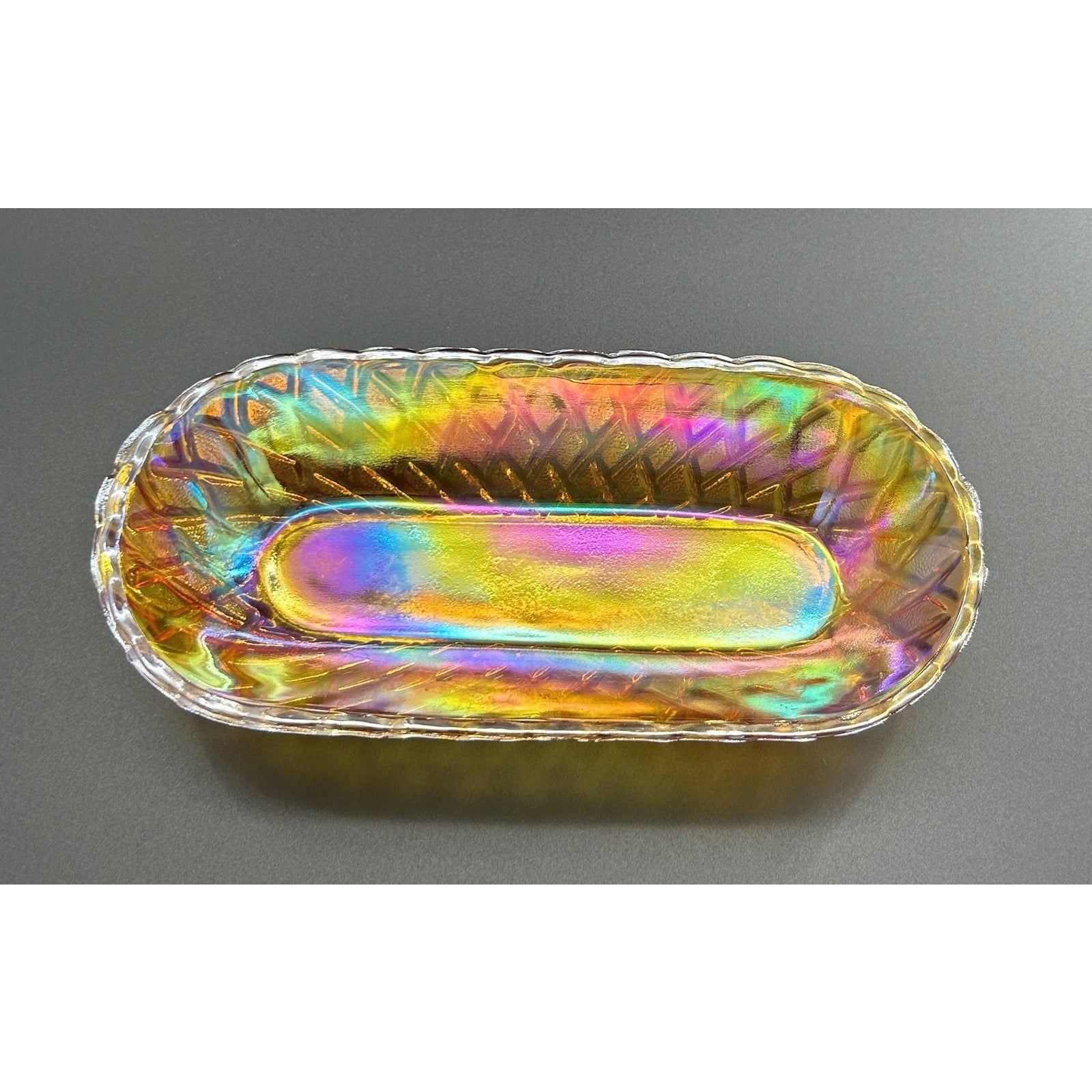 Marigold carnival glass relish tray amber iridescence top detail