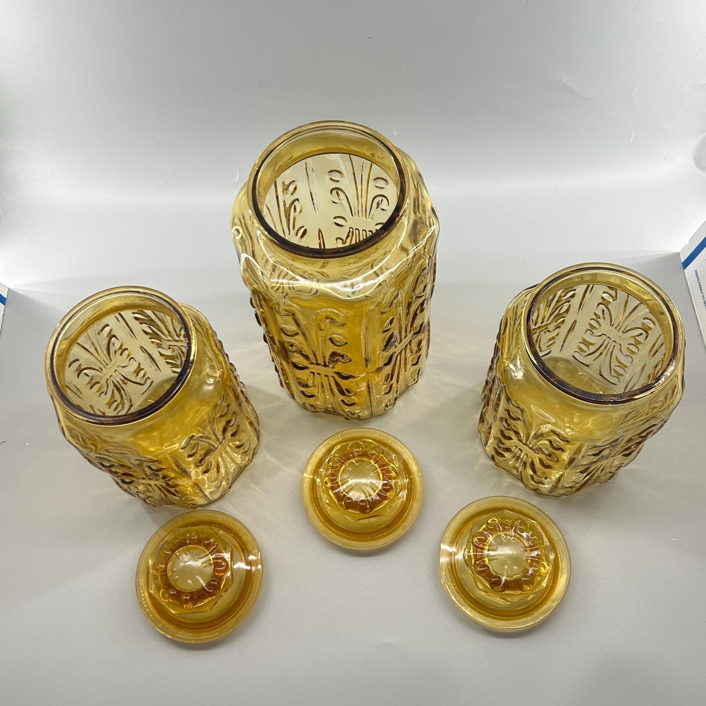 Indiana Honey Amber Glass Apothecary Jars Set of 3, Vintage MCM Kitchen Canisters, Retro Farmhouse Storage, Cookie Jar