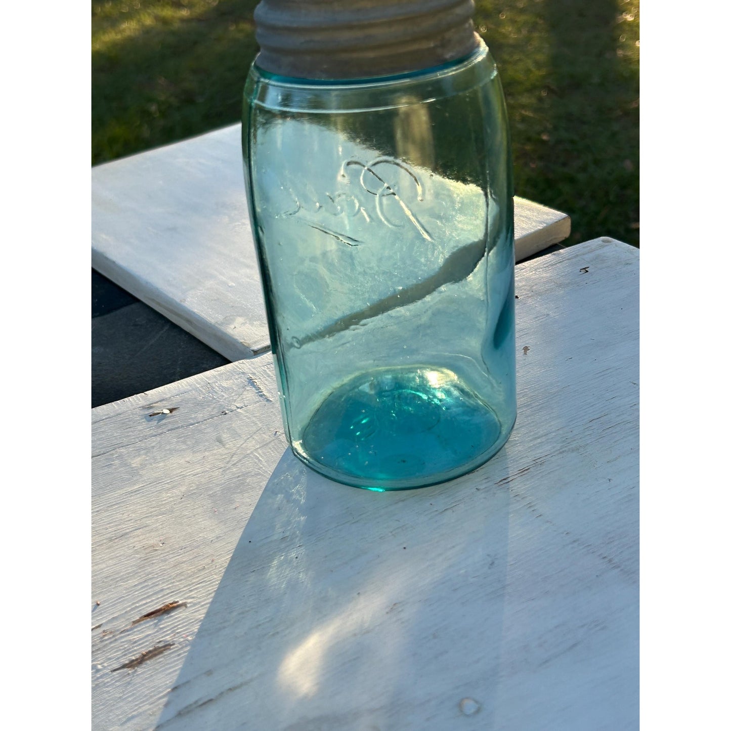 1900-1910 Ball Mason W "triple L Jar Quart Aqua Blue Glass W Lots Of Bubbles! | Mason_jar | Rare_jar | Blue_mason | Home_decor | Zinc