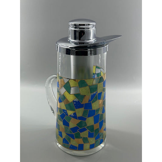 Mid century modern mosaic glass pitcher chrome lid ice tube 1960s atomic barware front