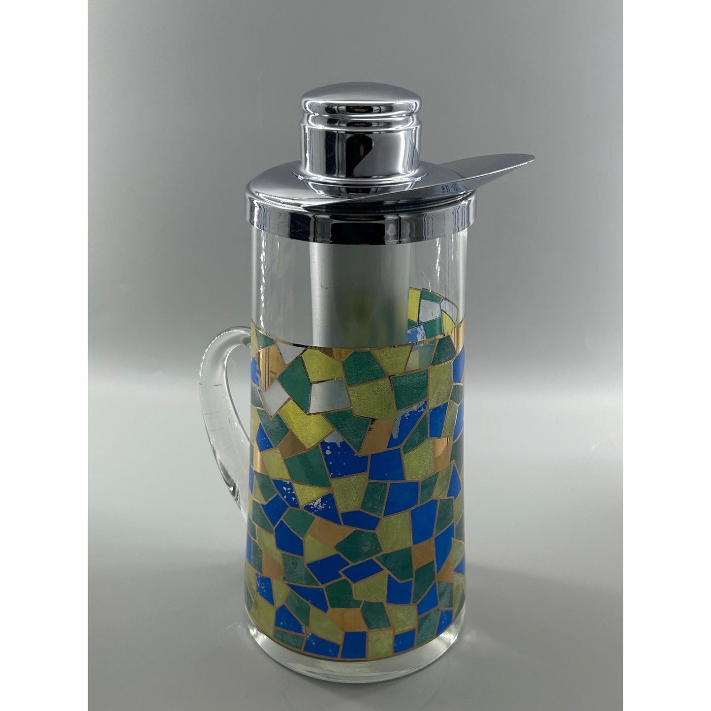Mid Century Modern Mosaic Glass Pitcher w Chrome Lid & Ice Tube Insert – 1960s Atomic Barware – Retro MCM Entertaining