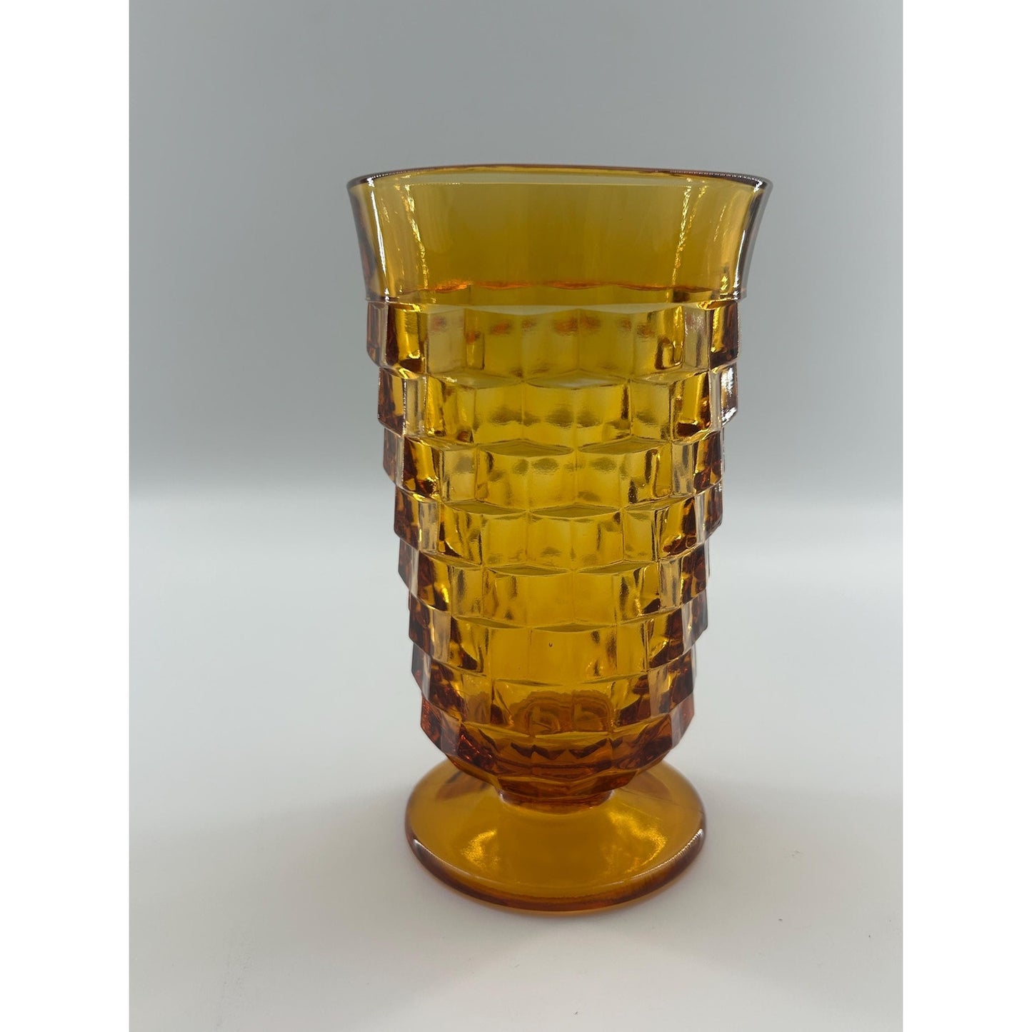 Mid Century Modern Amber Glass Vase | Tall Footed Diamond Pattern Vase | MCM Golden Yellow Art Glass Decor