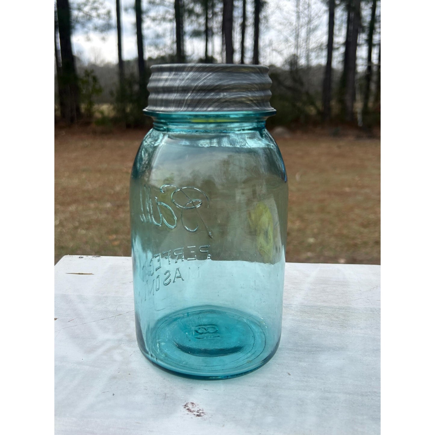 Antique Ball Perfect Mason Jar #13 Mold Aqua Quart w Original Zinc Lid 1920s