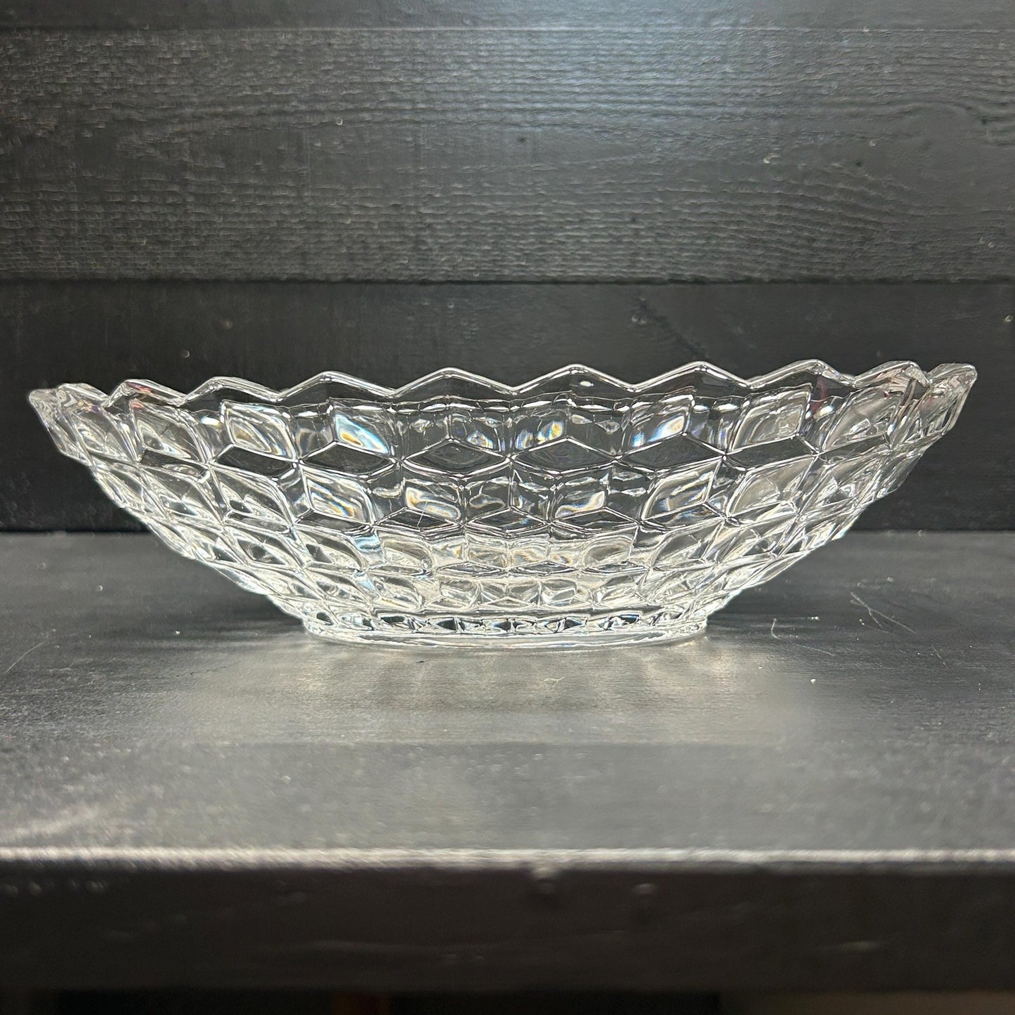 Vintage Fostoria American Clear Glass Oval Serving Bowl • Pressed Glass Cube Pattern • 9” Fruit or Salad Bowl • Elegant Tableware. Brilliant