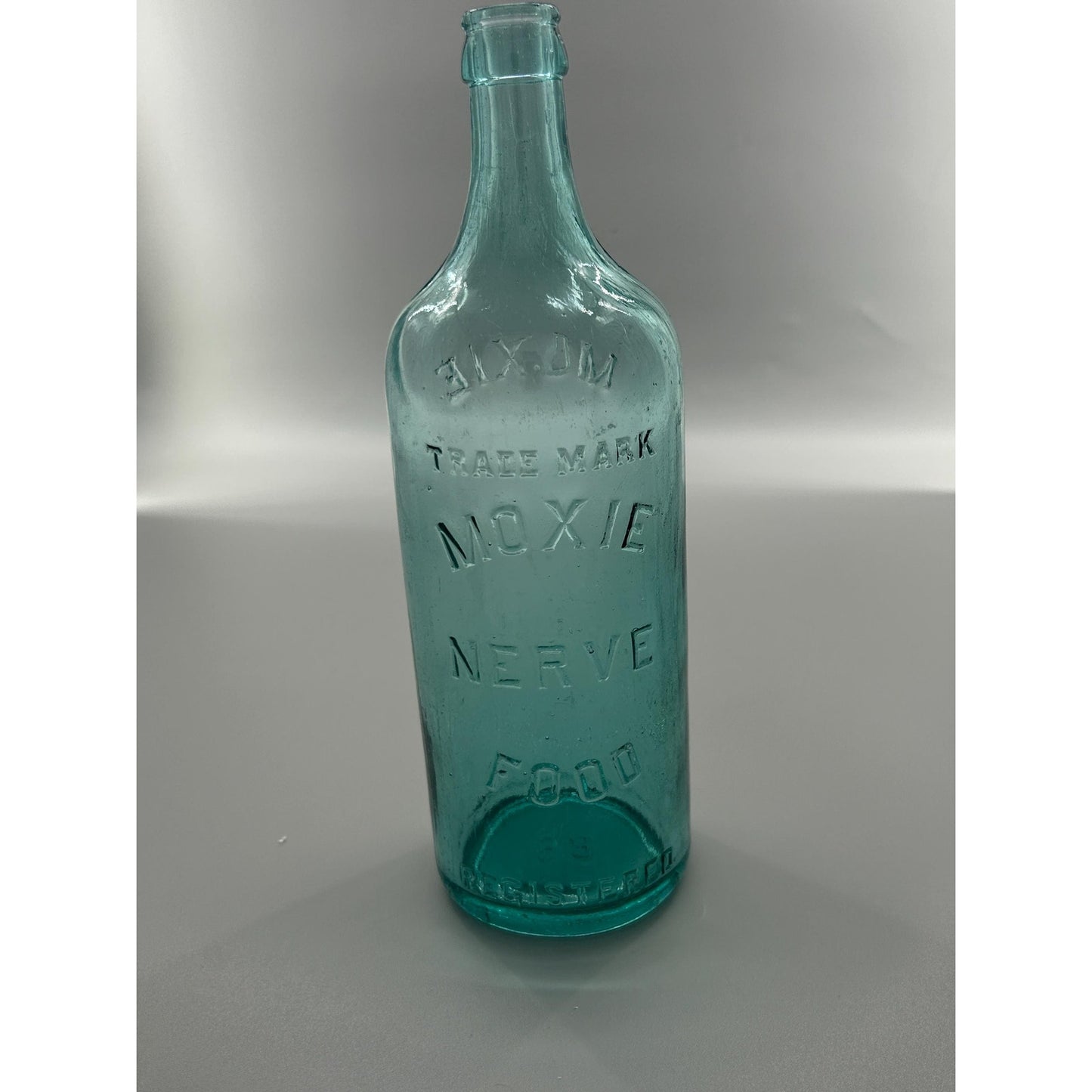 Moxie Nerve Food Aqua Glass Patent Medicine Bottle, Embossed Brockway Glass Collectible Decor
