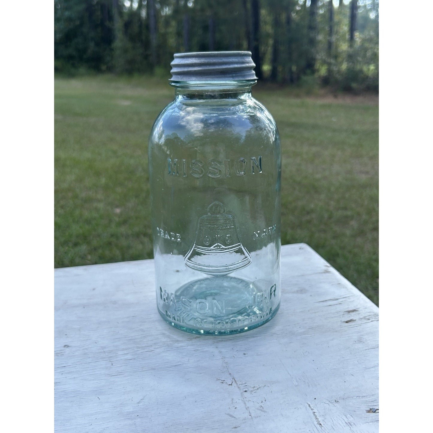 Rare Half Gallon Mission Bell Mason Jar Aqua WJ Latchford Los Angeles CA Antique