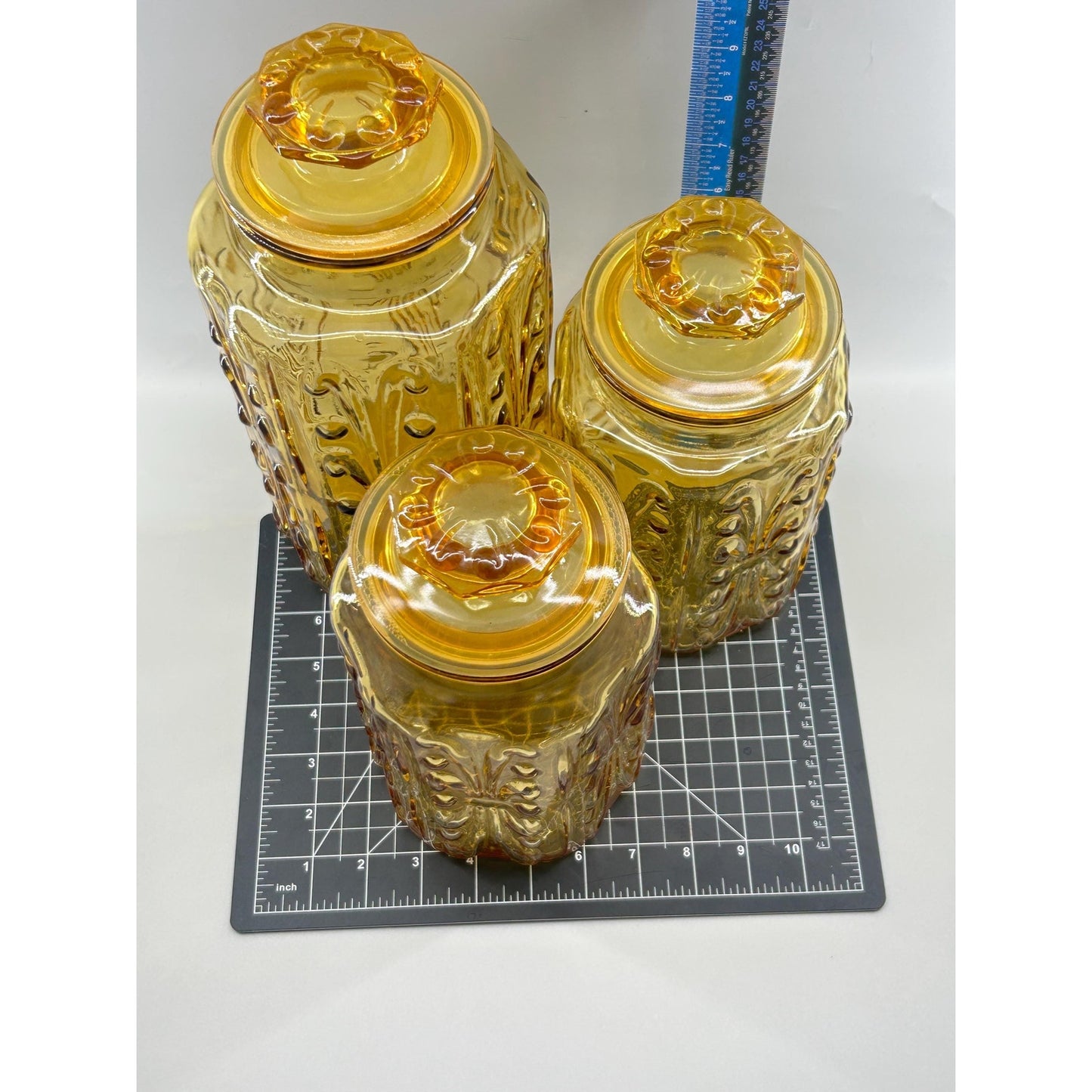 Indiana Honey Amber Glass Apothecary Jars Set of 3, Vintage MCM Kitchen Canisters, Retro Farmhouse Storage, Cookie Jar