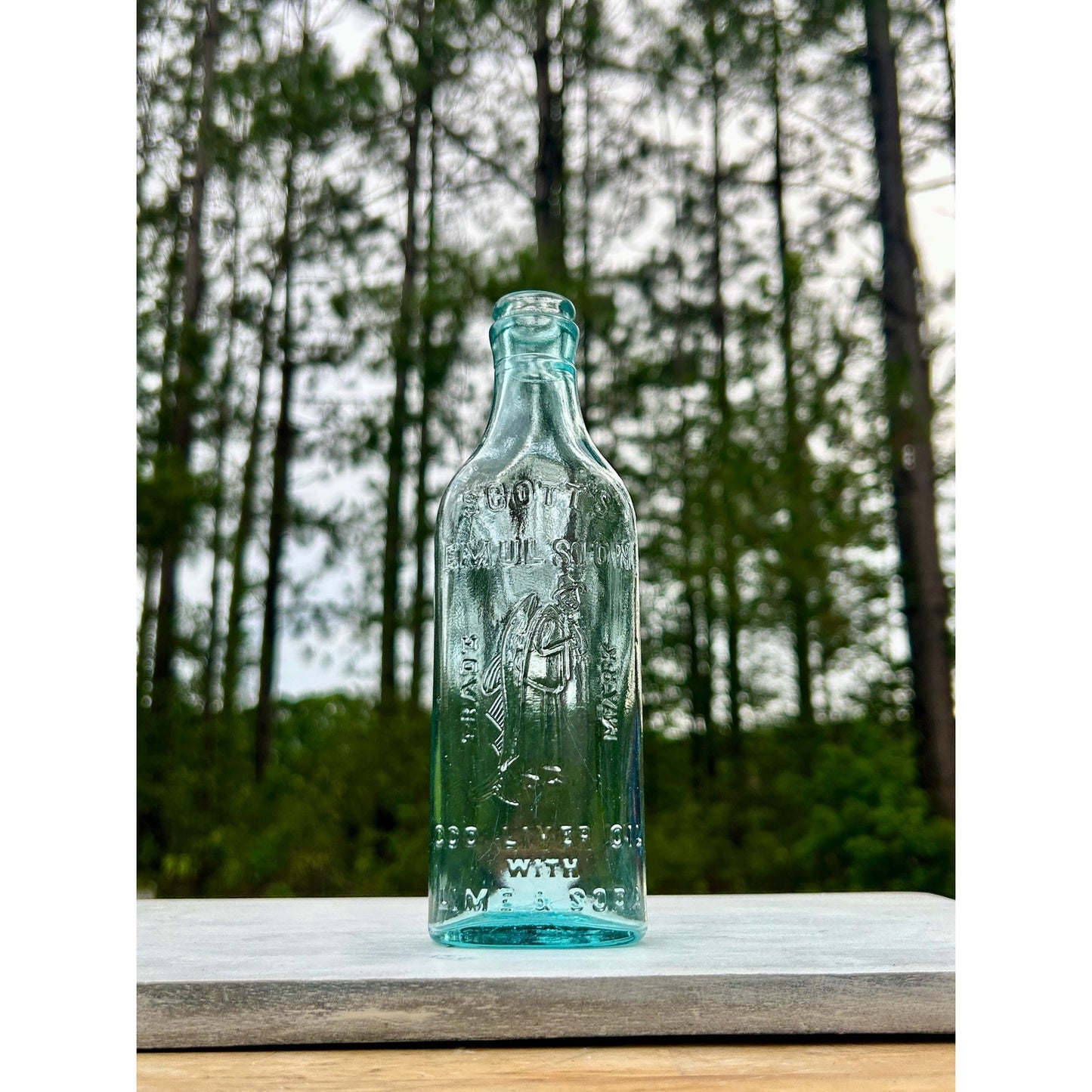 Antique Scott’s Emulsion Aqua Blue Cod Liver Oil With Lime & Soda Bottle Embossed Fisherman Patent Medicine