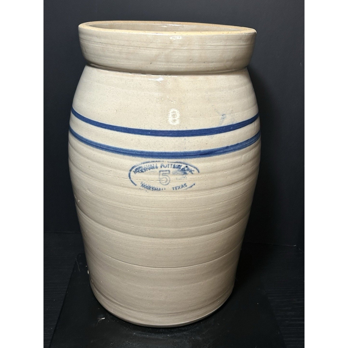 Marshall Pottery 5 Gallon Stoneware Crock w/ Lid Blue Stripe Texas Primitive