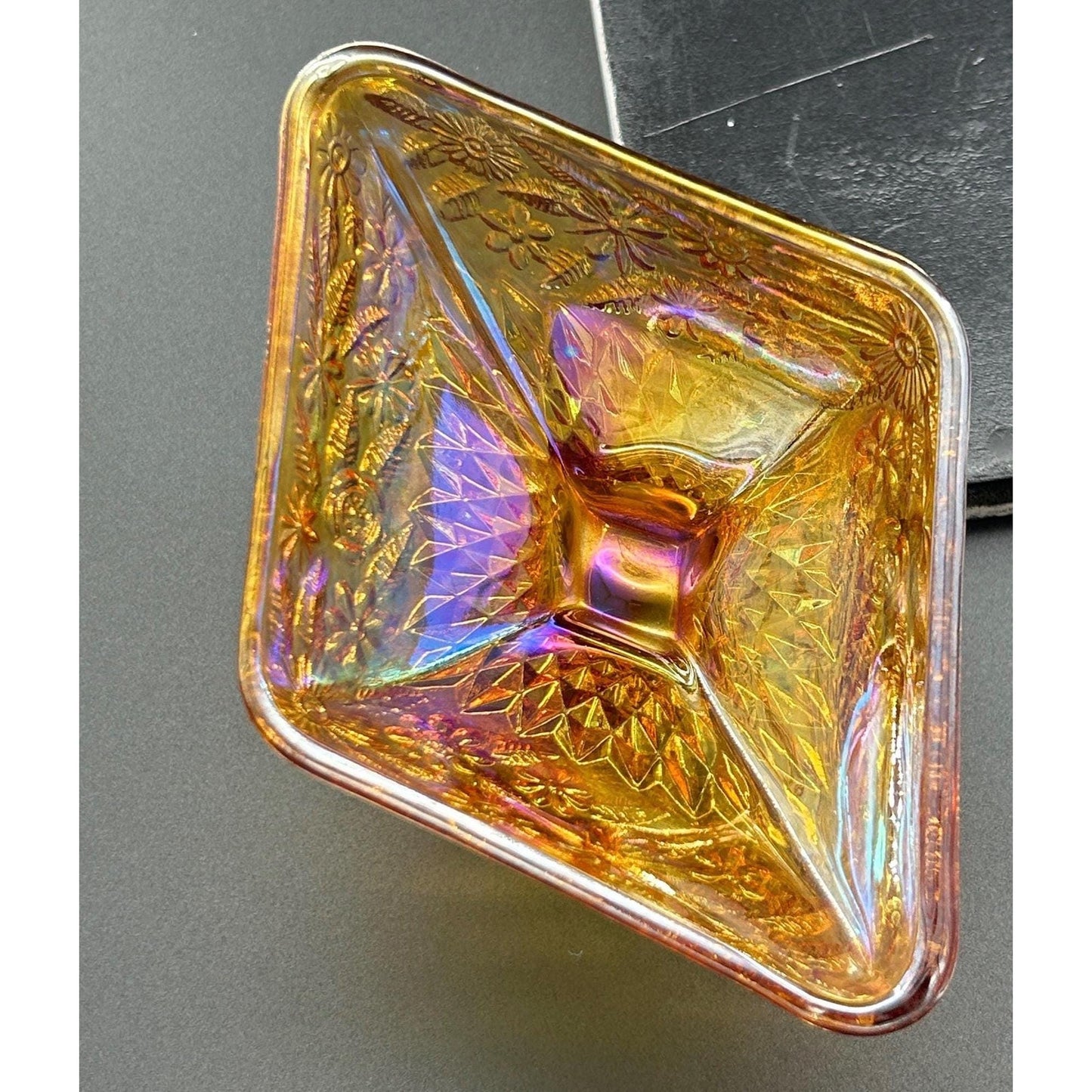 Vintage Indiana Glass Carnival Compote – Marigold Iridescent Square Pedestal Bowl, Floral Depression Glass Centerpiece