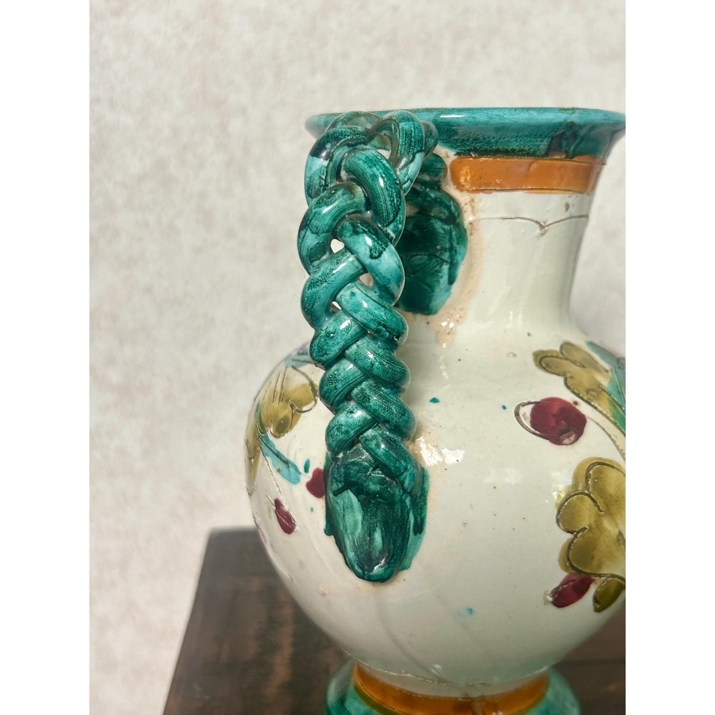 Vintage Hand Painted Spanish Talavera Style Faience Pitcher Twisted Handle Floral Pottery Jug