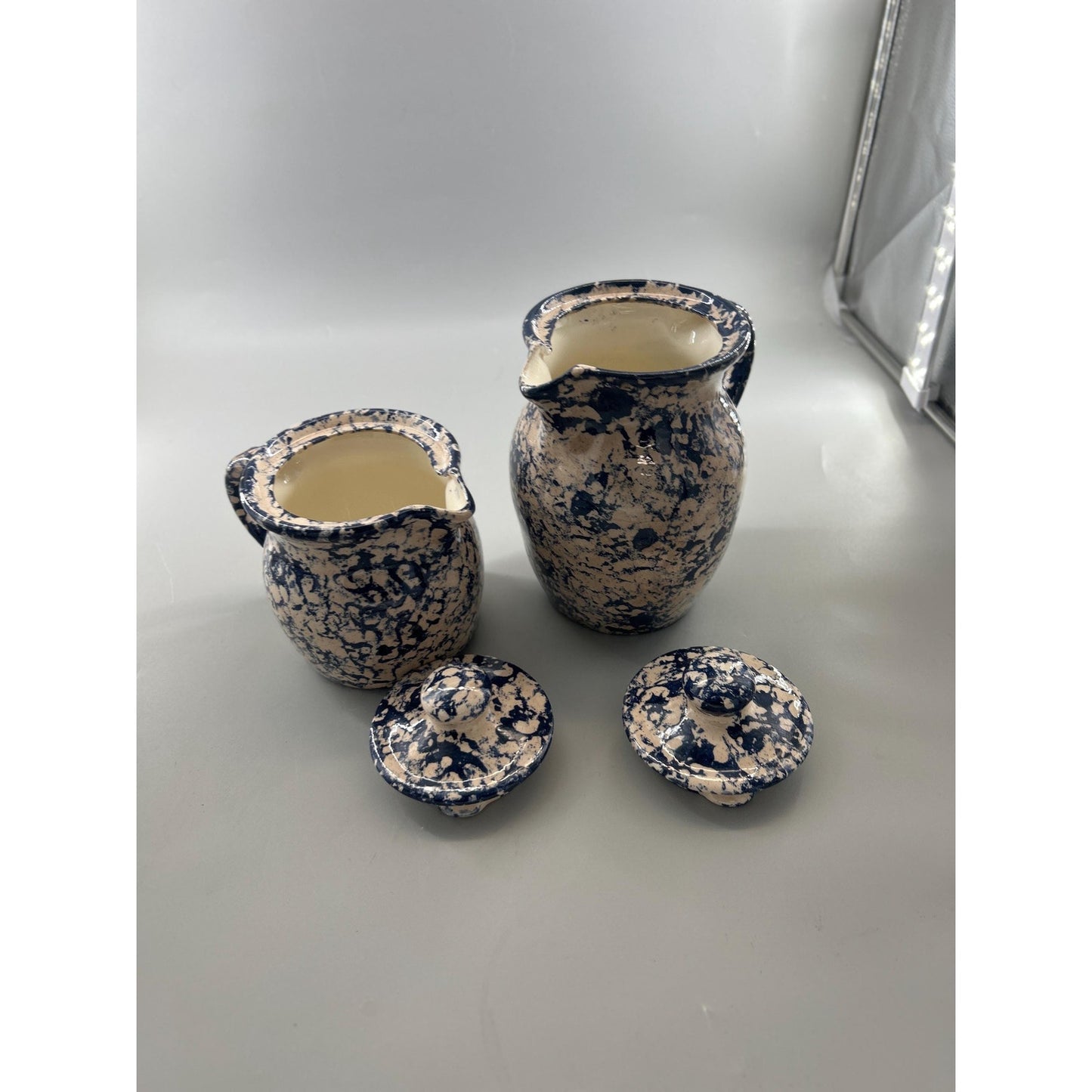 Vintage spongeware farmhouse pitcher creamer set view
