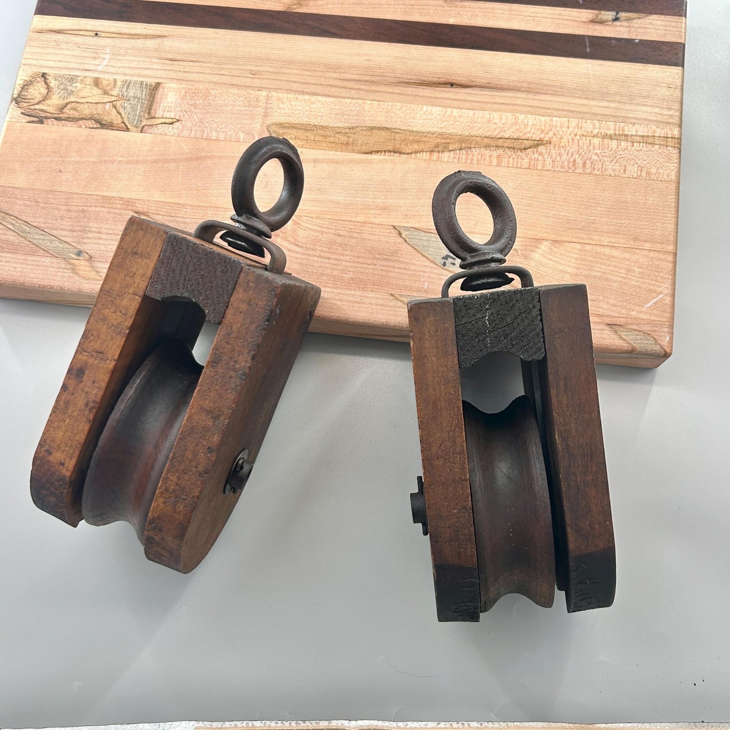 Antique Wooden Barn Pulley Block Pair Primitive Farm Hay Trolley Pulleys Rustic Industrial Farmhouse Decor Architectural Salvage