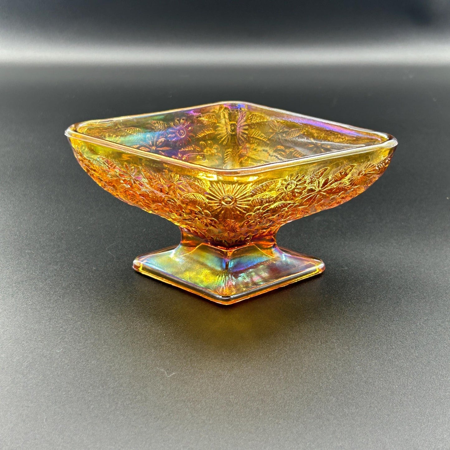 Vintage Indiana Glass Carnival Compote – Marigold Iridescent Square Pedestal Bowl, Floral Depression Glass Centerpiece