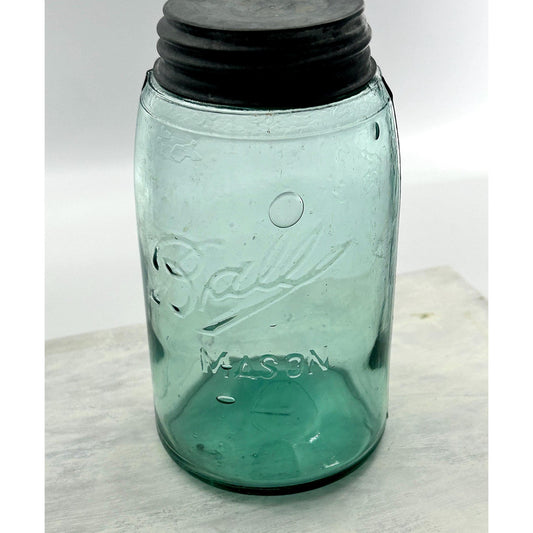 Vintage Ball Triple L mason jar aqua blue quart seed bubbles