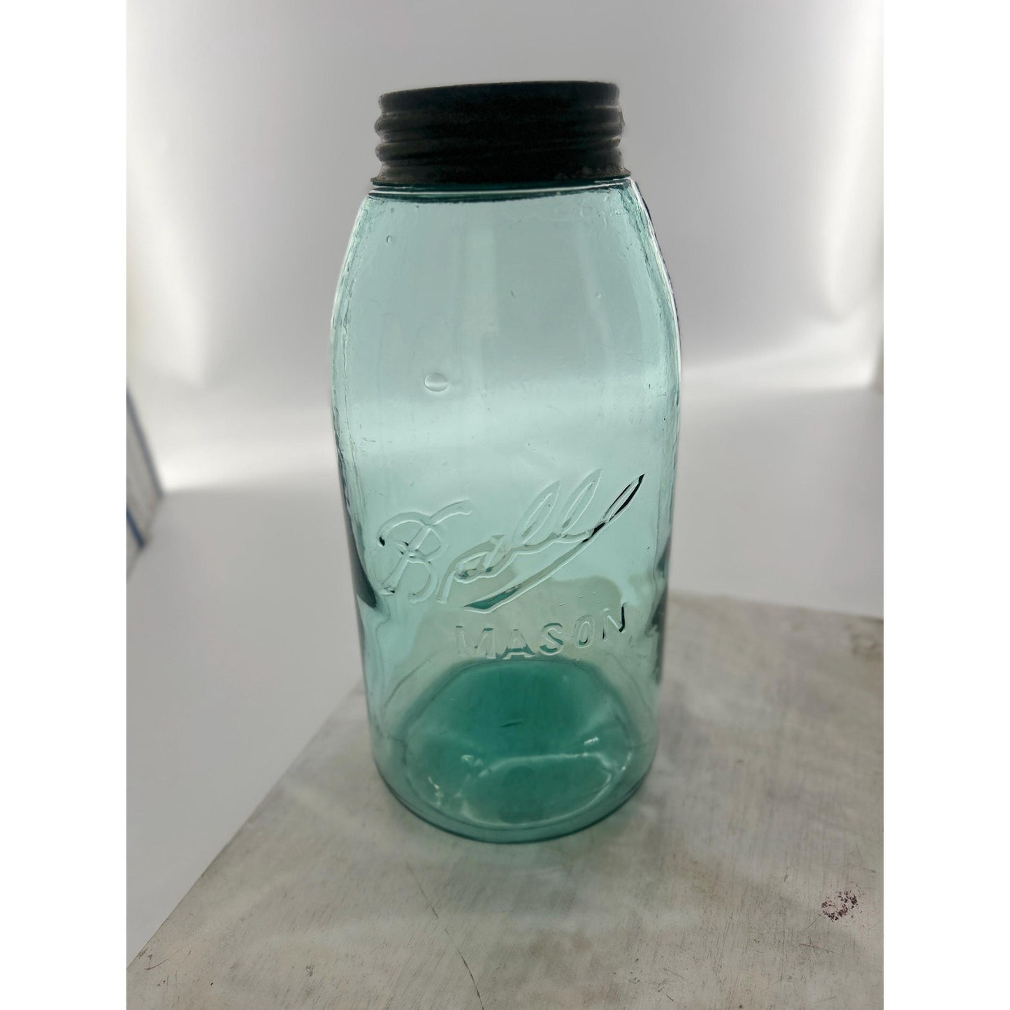 Antique Ball Triple L Half Gallon Aqua Mason Jar 1900–1910 Early Script Fruit Jar Ball Bros Glass Embossed Original Zinc Lid