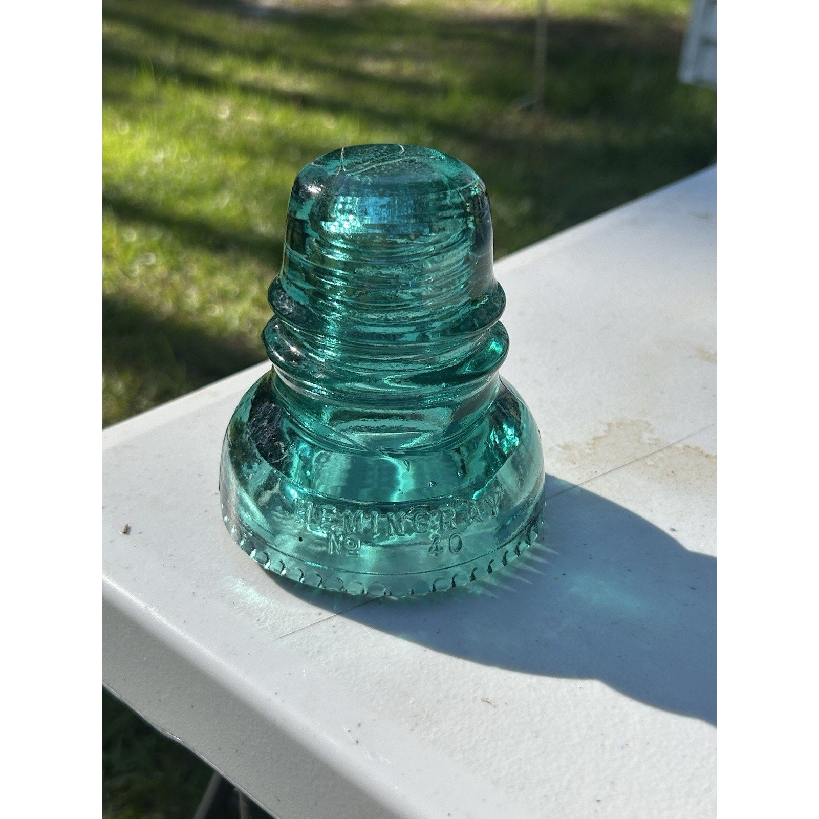 Vintage Hemingray petticoat aqua glass insulator patent 1893 top