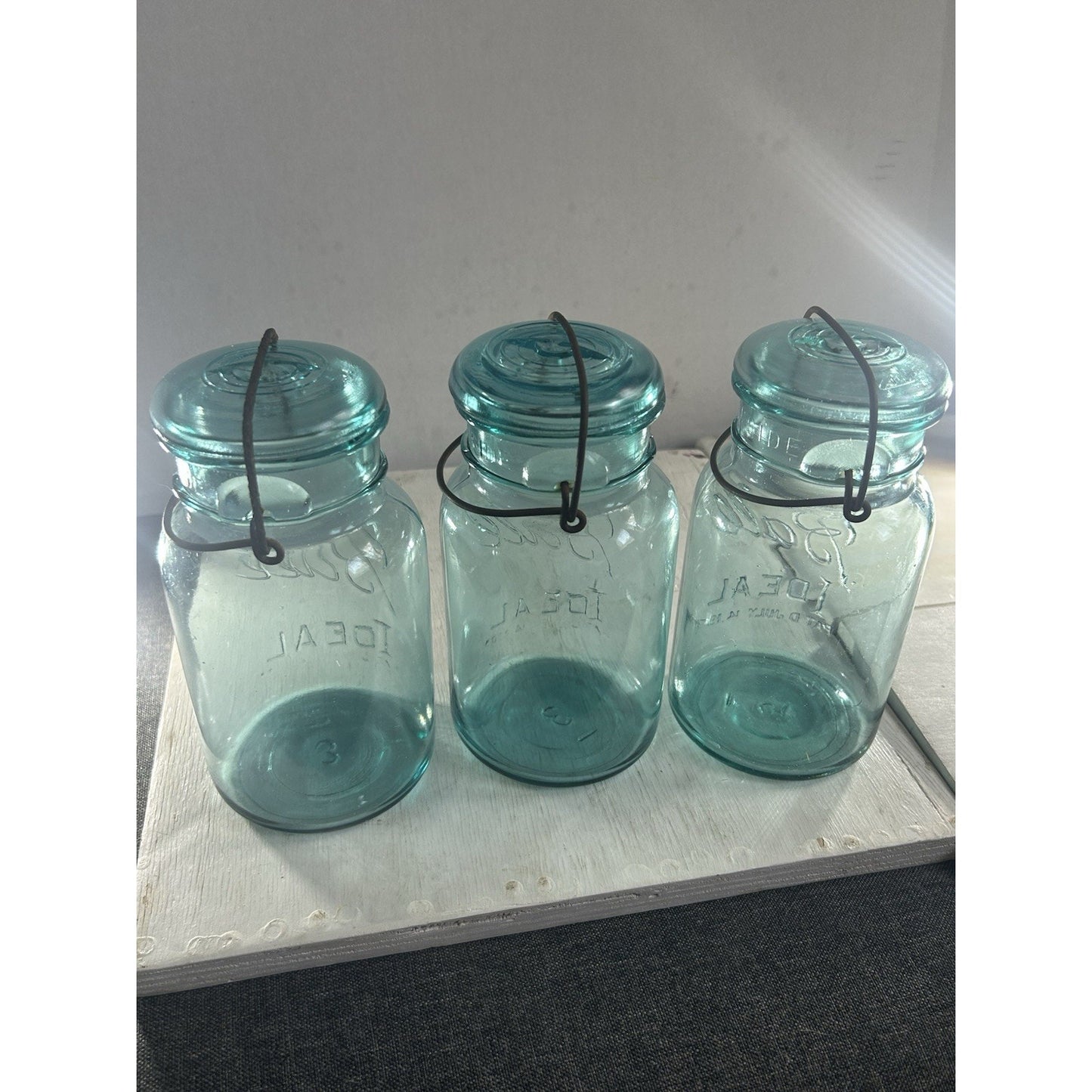 Lot of 3 Ball Ideal Blue Wire Bail Mason Jars Pat’d 1908 Vintage Quart Set. RARE