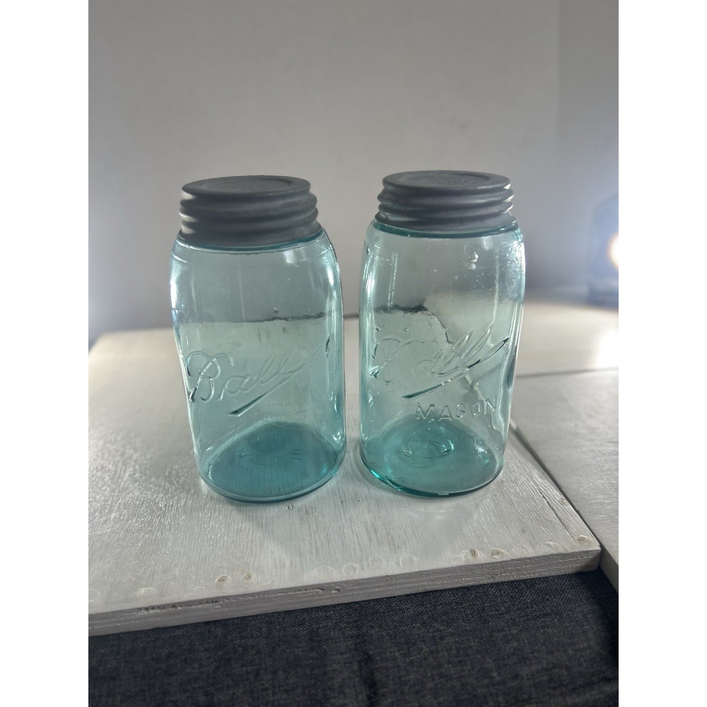 2 1920’s Vintage Ball Mason Jars – Triple L Logo – Quart – Aqua Blue – Zinc Lids