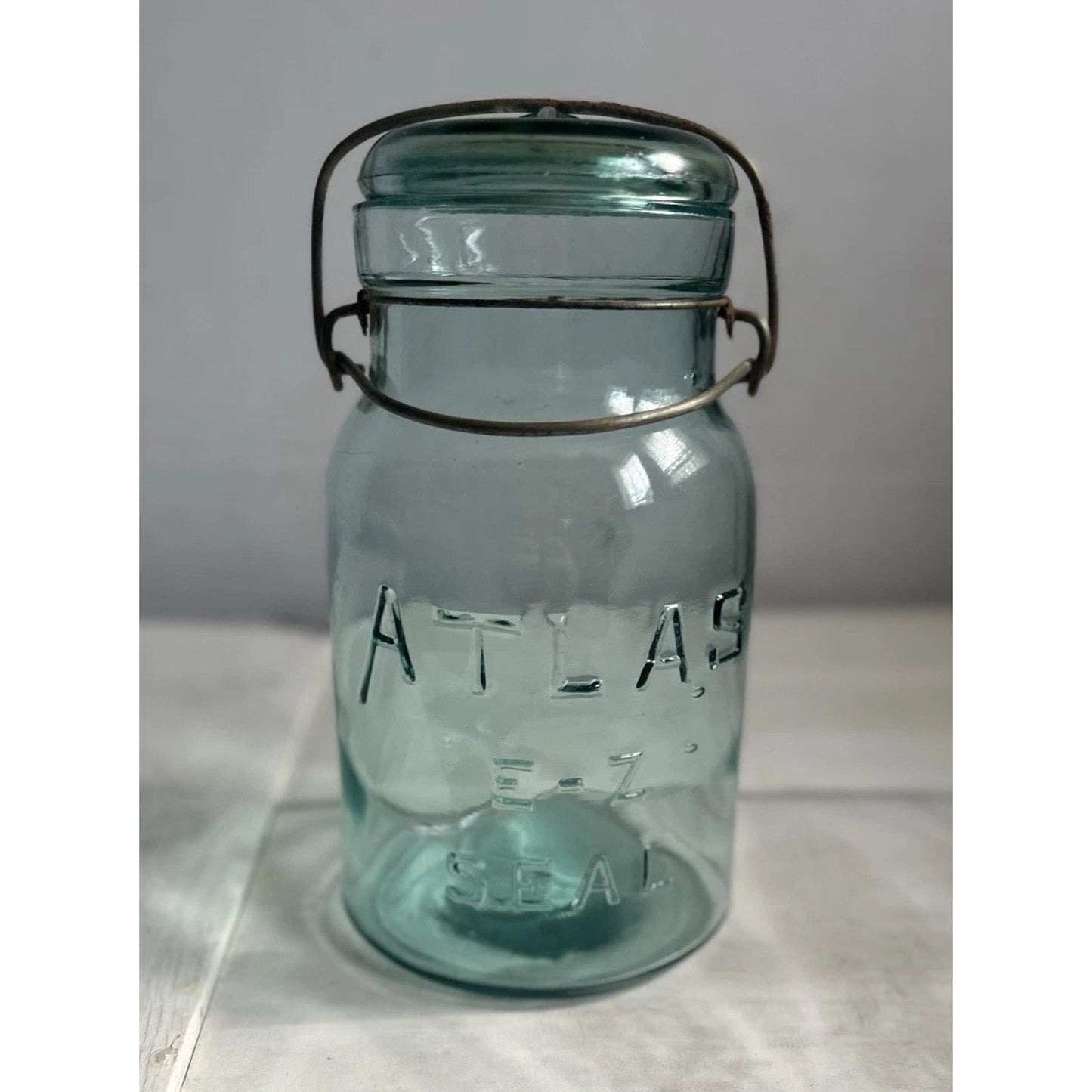 Vintage Atlas E-Z Seal Quart Jar Light Blue w/ Original Lid & Wire Bail – 1930s