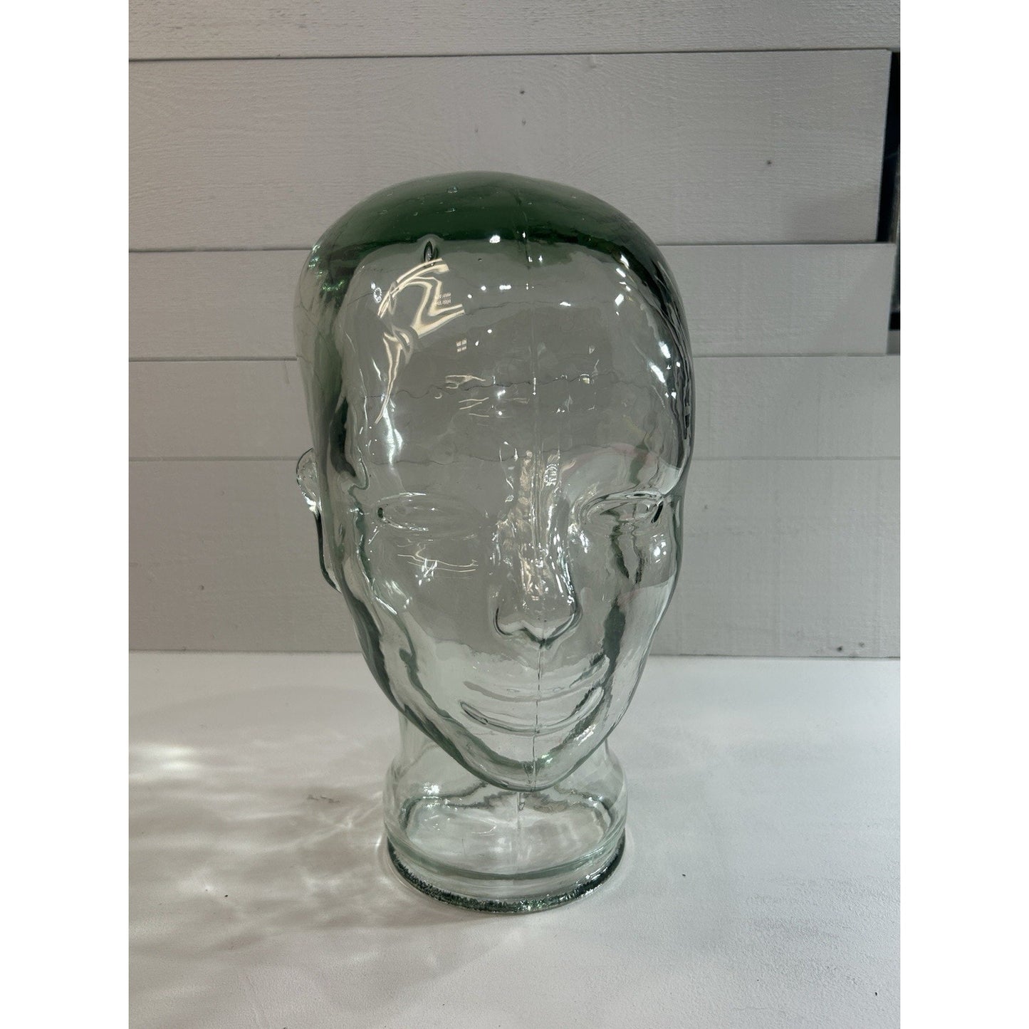 Vintage Glass Mannequin Head Clear with Green Tint & Bubbles Store Display 11.5”