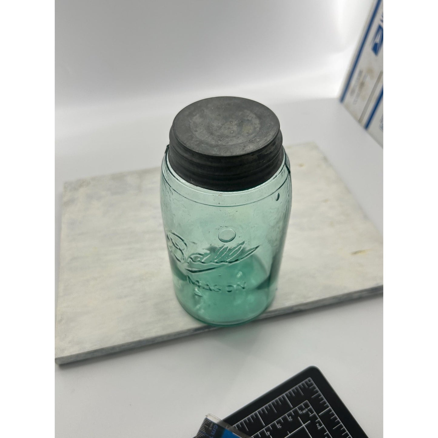 Vintage Ball Triple L Mason Jar Aqua Blue Quart Seed Bubbles Zinc Lid