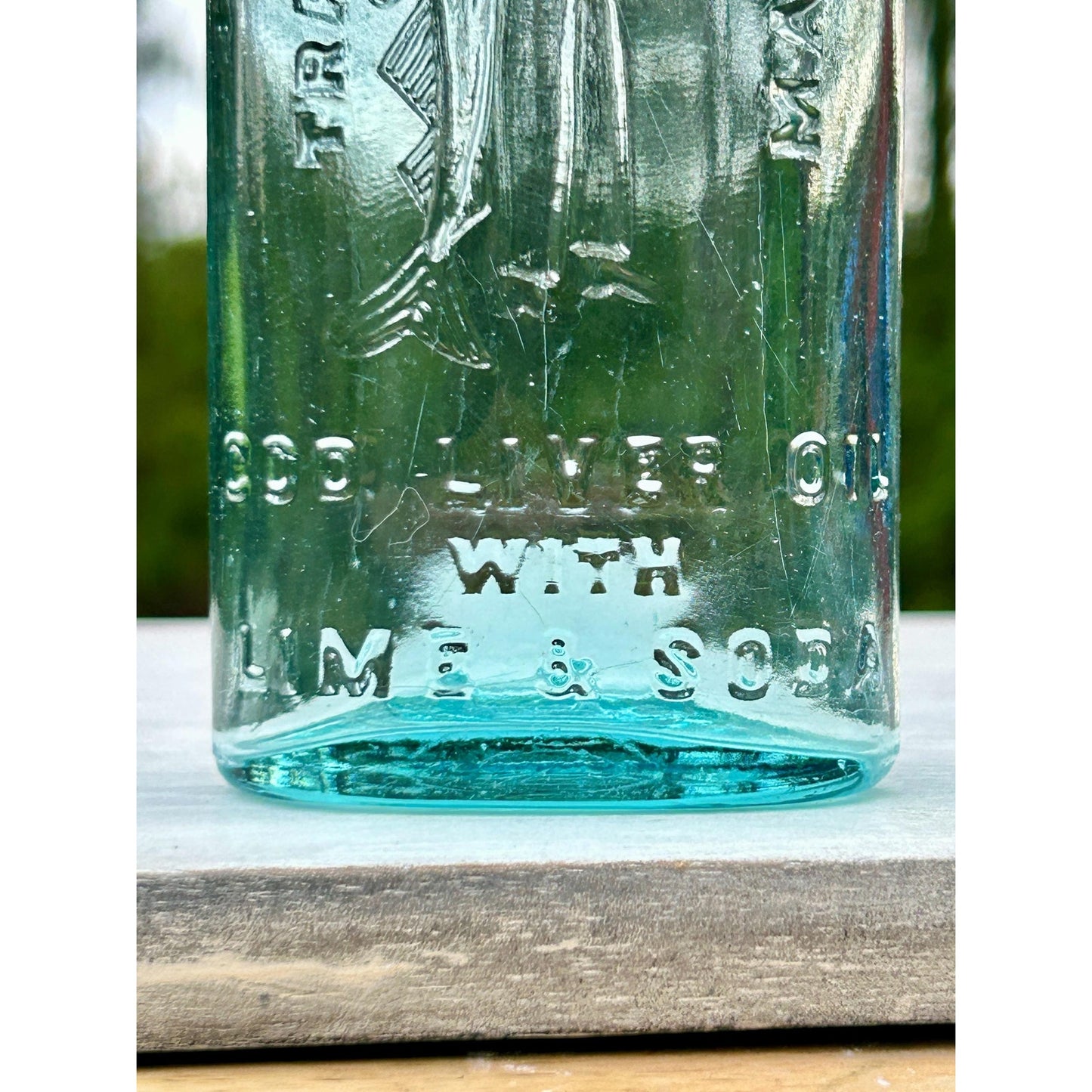 Antique Scott’s Emulsion Aqua Blue Cod Liver Oil With Lime & Soda Bottle Embossed Fisherman Patent Medicine
