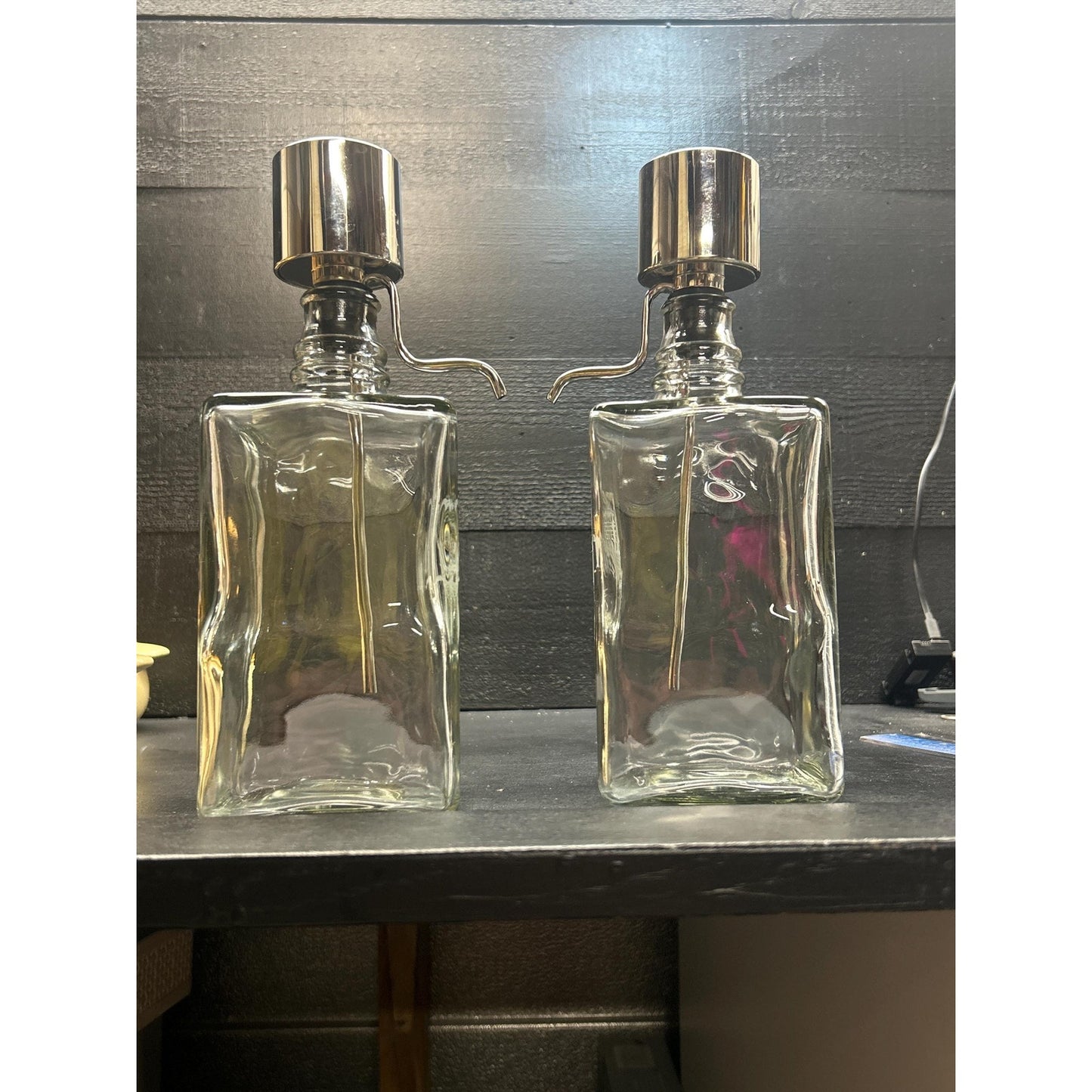 Vintage Mid Century Scotch & Bourbon Decanter Set – Etched Glass Liquor Bottles with Chrome Pump Tops – Retro Barware Gift Pair. mancave