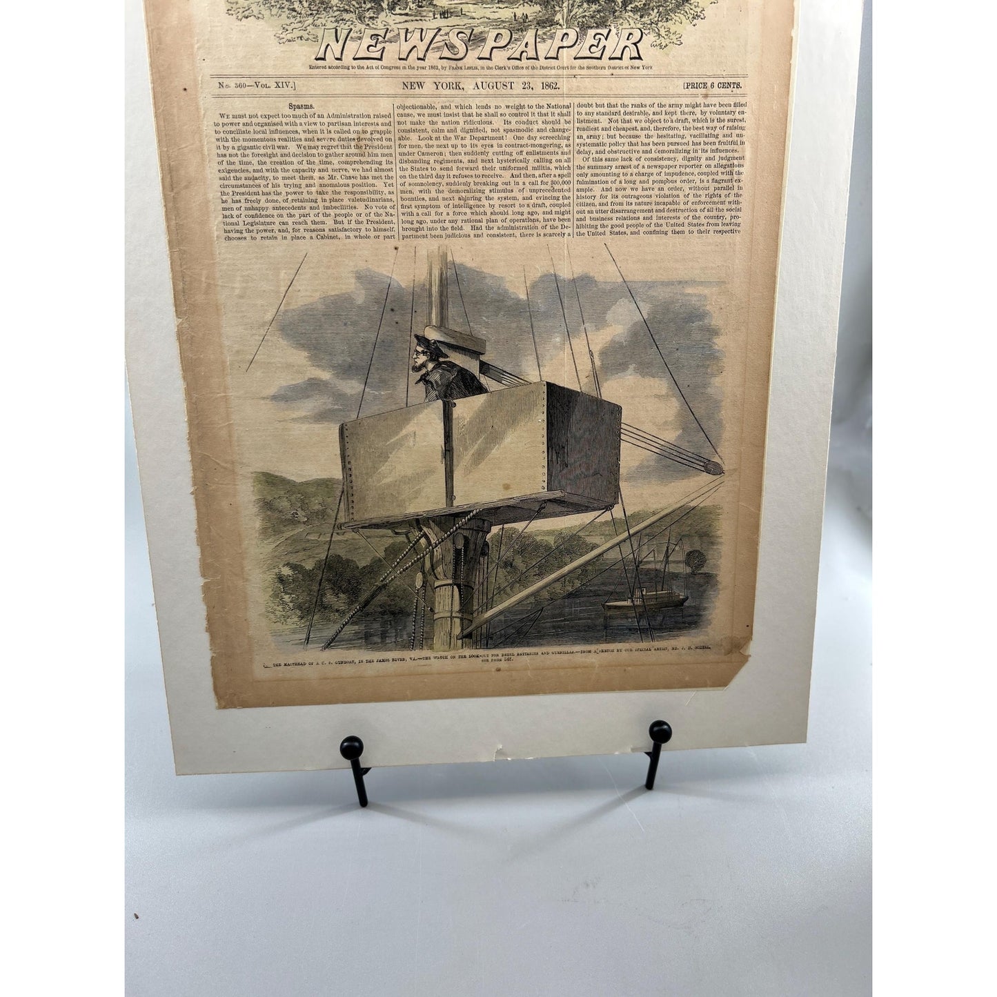 Antique Rare Civil War Newspaper 1862 Frank Leslie Illustrated Naval Masthead Lookout James River Union Warship Antique Print