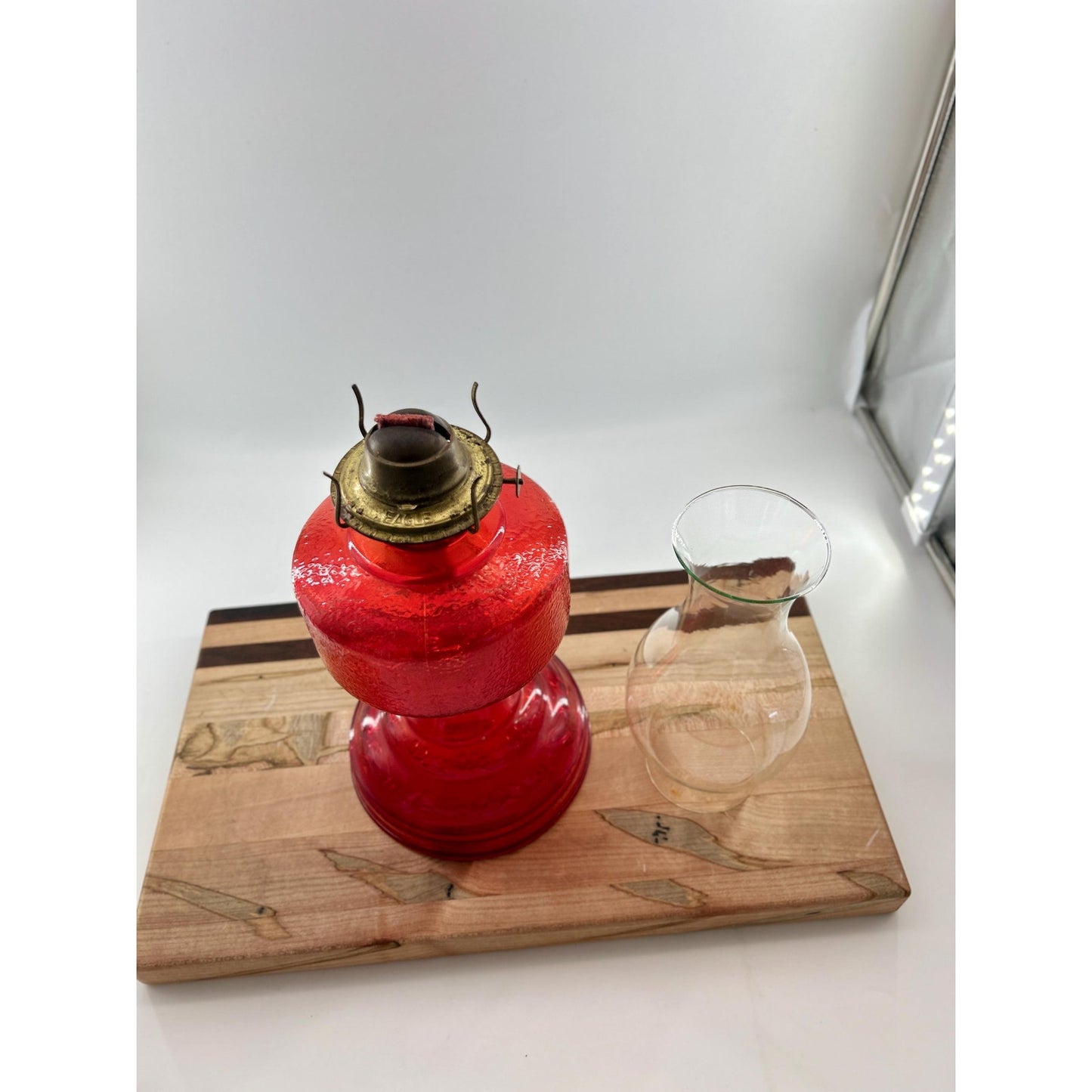 Antique Ruby Red Glass Oil Lamp 22” Tall – Figural Heron Marsh Scene Pedestal – Victorian Kerosene Parlor Lamp – Cranberry Pressed Glass