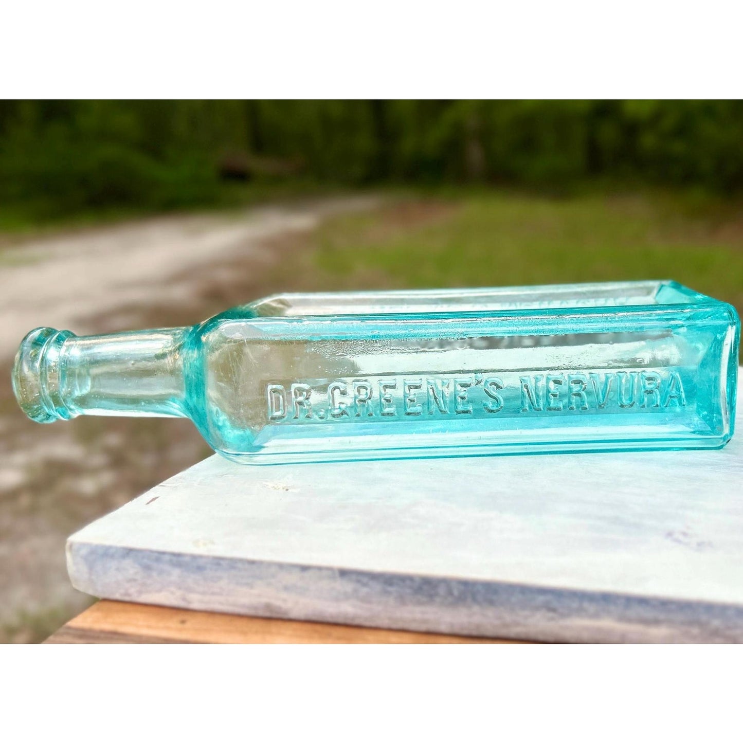 Antique Dr Greene’s Nervura Aqua Blue Patent Medicine Bottle c1890 Embossed Blood Nerve Remedy Apothecary Glass