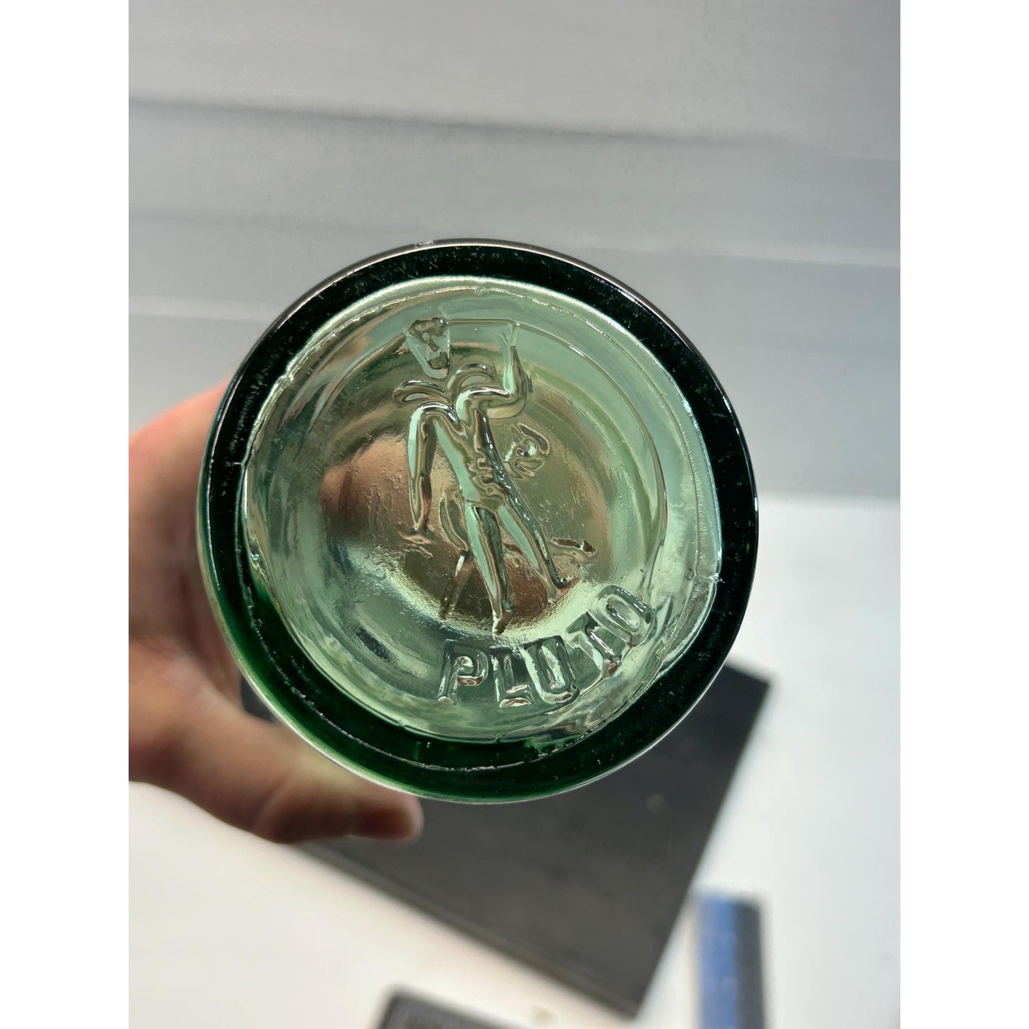 Vintage Pluto Water Bottle with Devil Logo – 1920s–40s Embossed Aqua Glass Soda Mineral Water Bottle – Indiana Collectible rare Apothecary