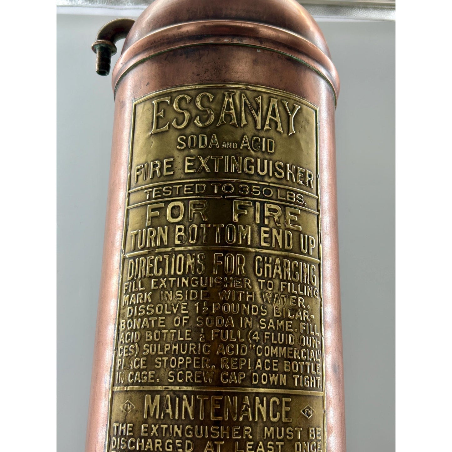 Antique ESSANAY Soda Acid Fire Extinguisher Copper Brass Original Glass Bottle Industrial Firehouse Decor Early 1900s