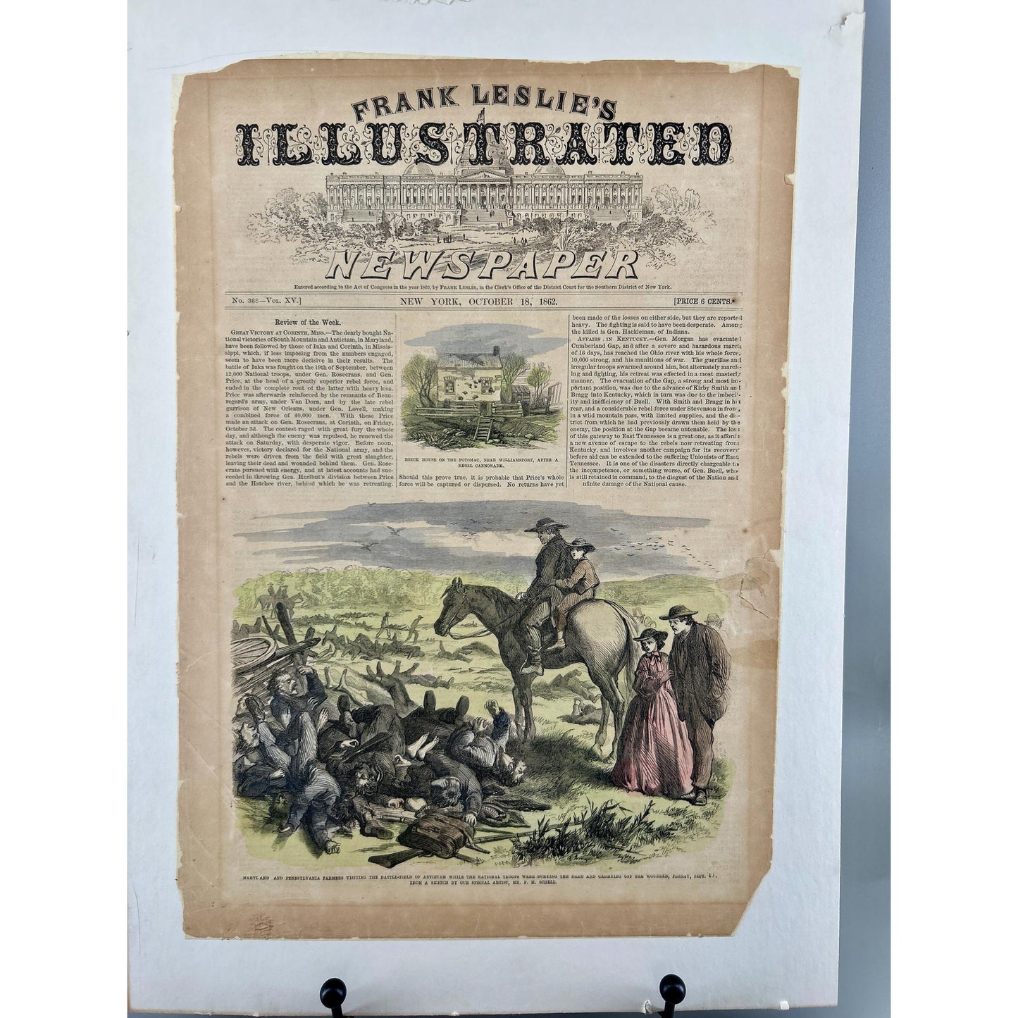 Antique Rare 1862 Frank Leslie Illustrated Newspaper Civil War Antietam Battlefield Original Hand Colored Engraving October 18 Issue
