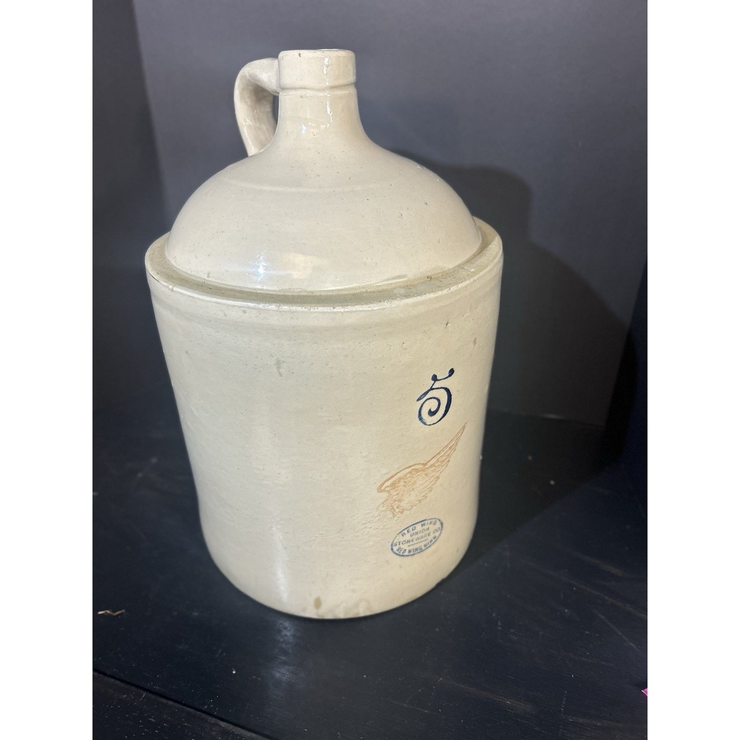 Antique 5 Gallon Redwing Stoneware Crock Shoulder Jug 4" Wing Logo