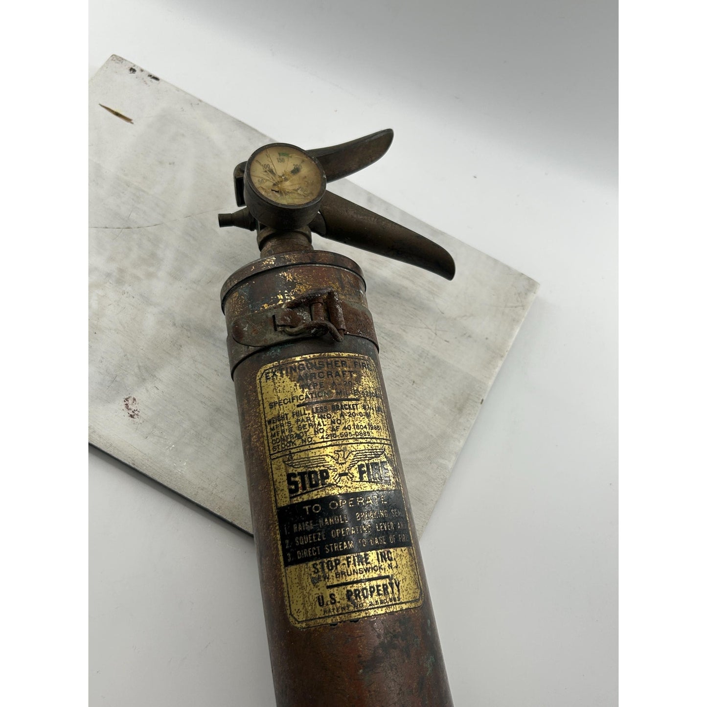 WWII Aircraft Fire Extinguisher STOP-Fire Brass Military Aviation Artifact Original WWII Airplane Fire Suppressor. Very rare find!