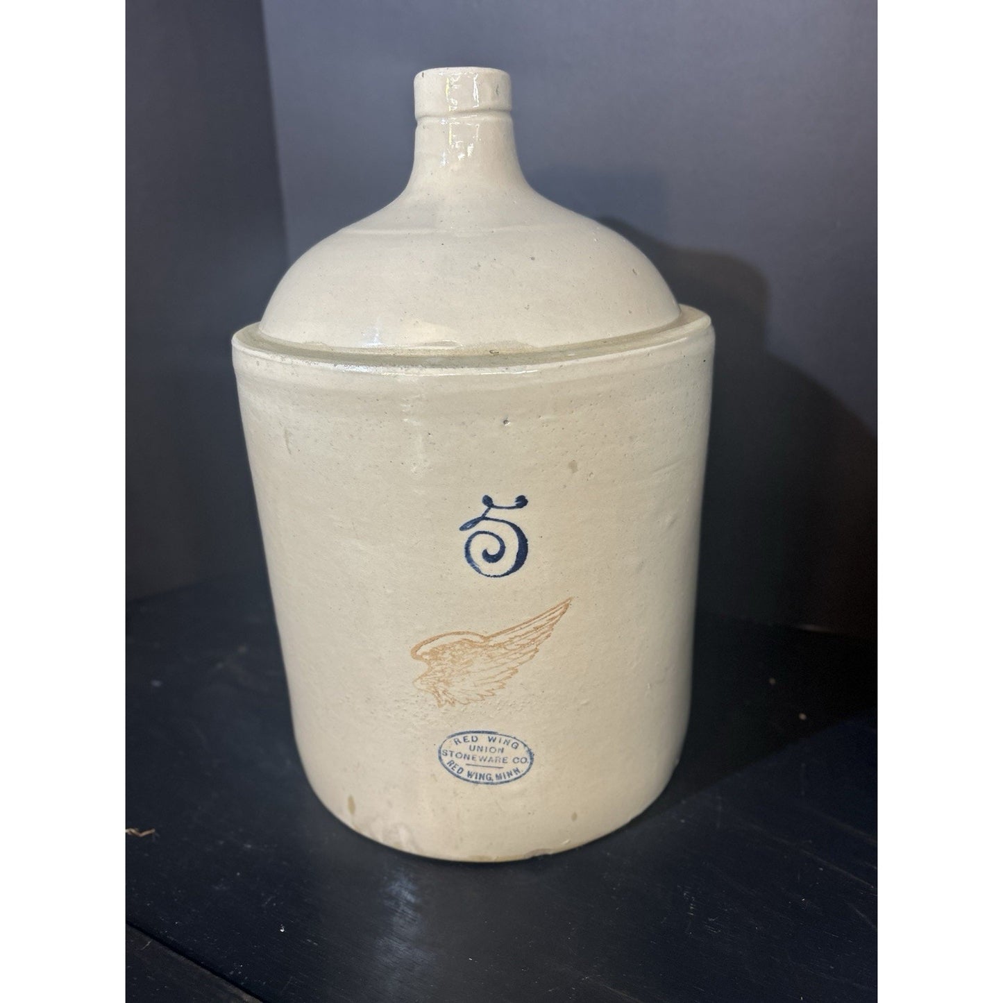Antique 5 Gallon Redwing Stoneware Crock Shoulder Jug 4" Wing Logo