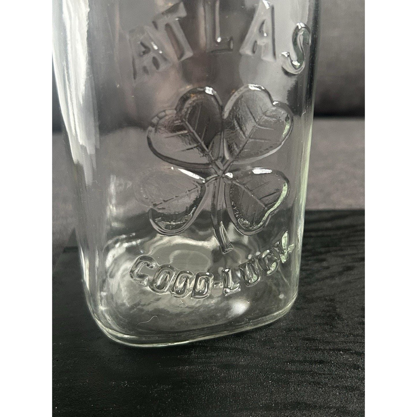 Scarce Vintage ATLAS “Good Luck” Clover Jar – Embossed Four-Leaf Canning Jar