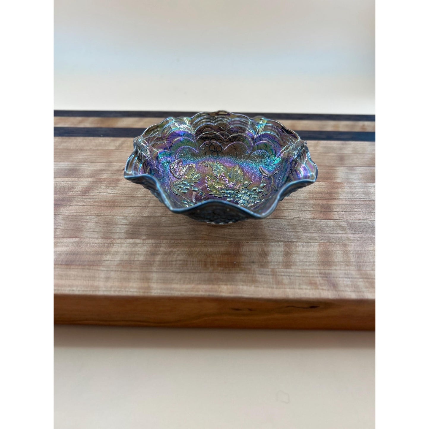 Antique Imperial Carnival Glass Grape & Cable Ruffled Bowl • Amethyst Iridescent Pressed Glass Berry Dish • Early 1900s Vintage Carnival