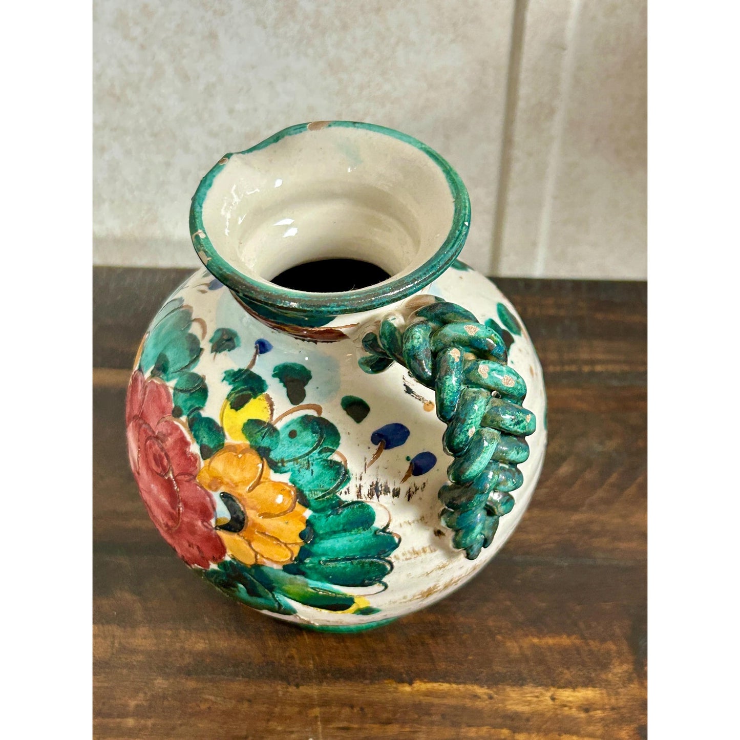 Vintage Hand Painted Spanish Majolica Talavera Style Faience Pitcher Twisted Handle Floral Jug