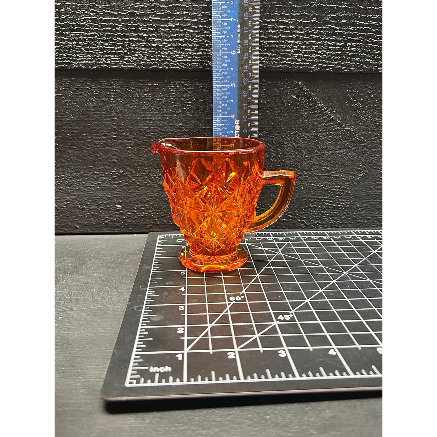 Selenium Diamond Point Glass Creamer | Glows Under UV | Vintage Red Orange Mini Pitcher | Mid Century Art Glass | Uranium Reactive. Amberina