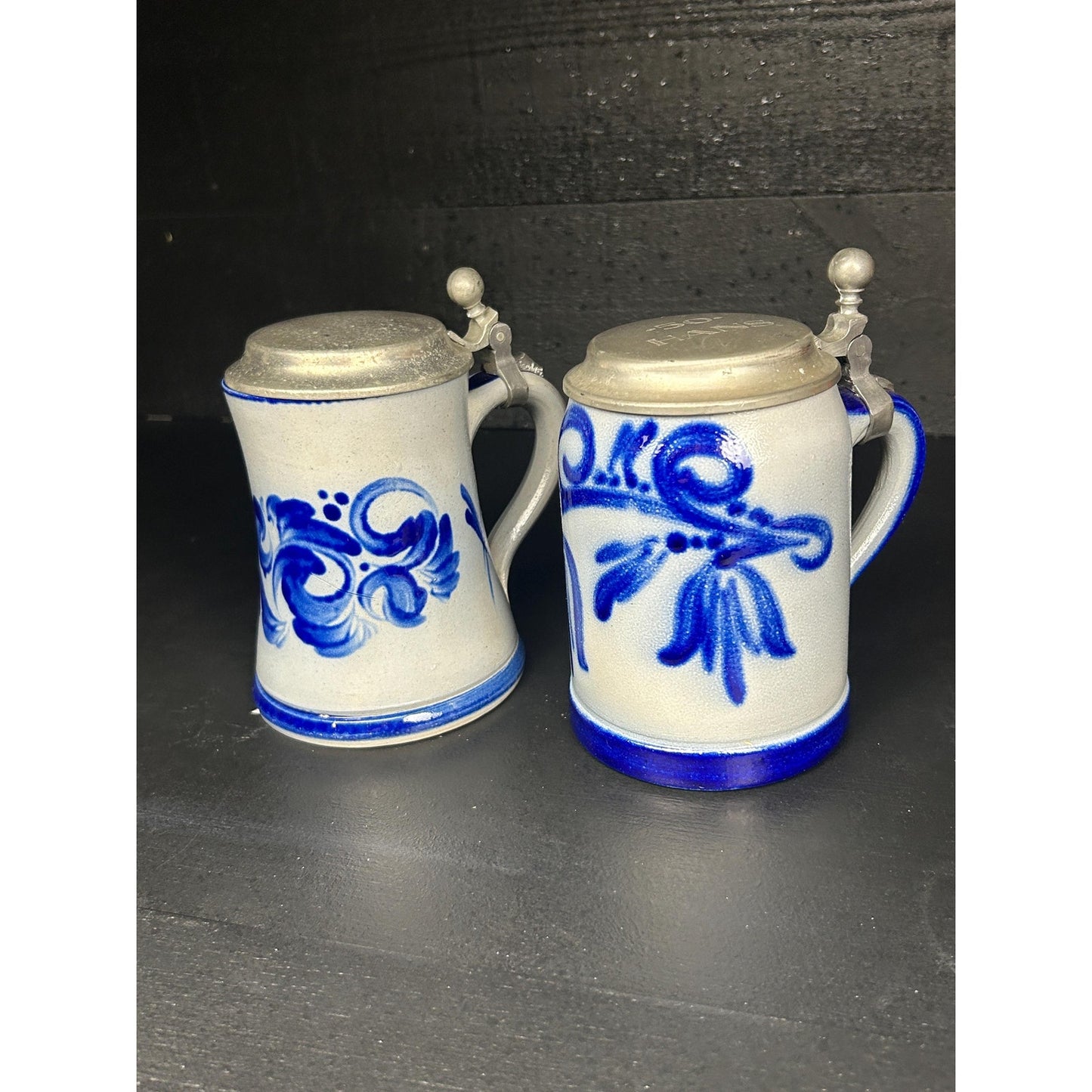 Vintage Westerwald German Stein Pair .5L • Salt Glazed Cobalt Stoneware • LFZ Handarbeit • Pewter Lids • Engraved “Hans” • Collector Grade